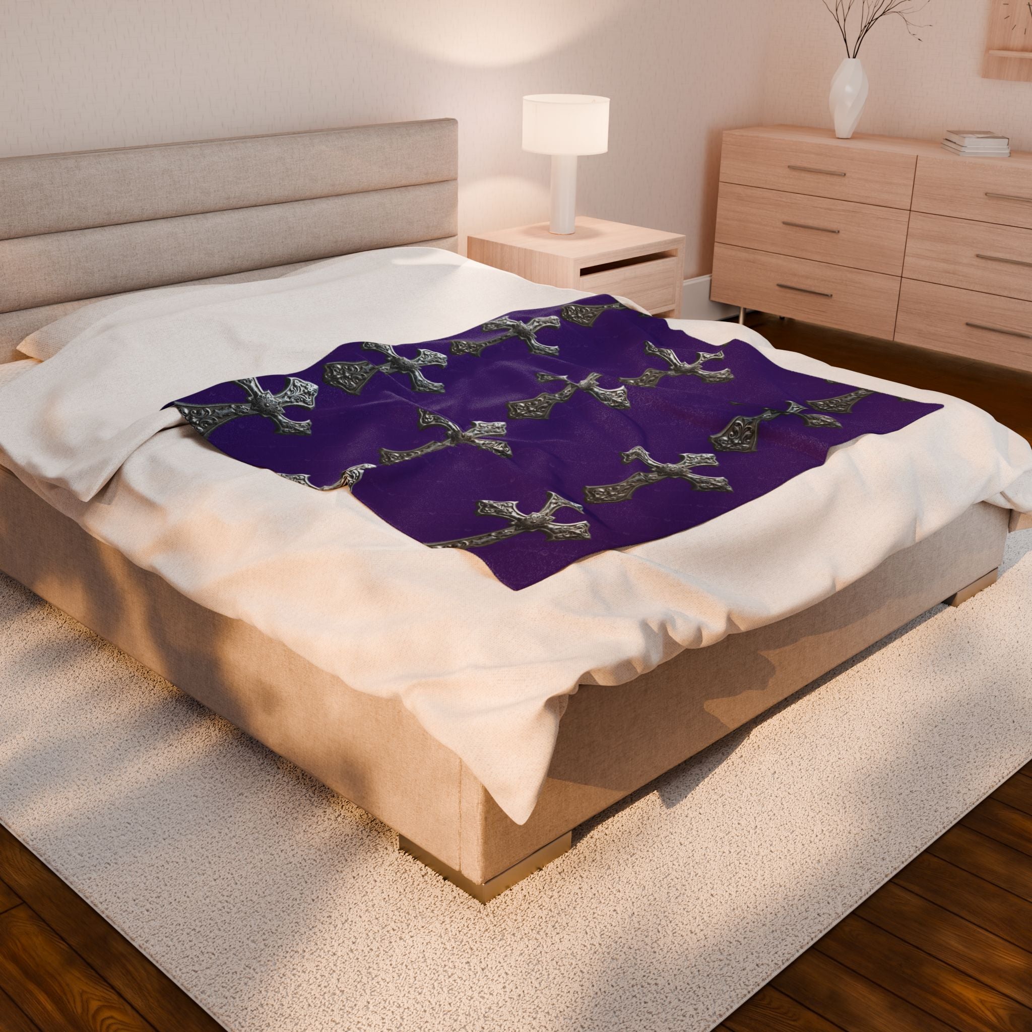 Velveteen Plush Blanket — Gothic Silver Cross Pattern on Purple