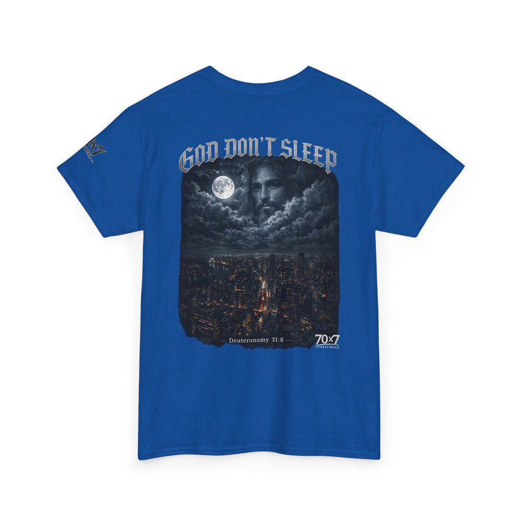70x7 Streetwear - God Don't Sleep Graphic Tee — Night Cityscape Streetwear