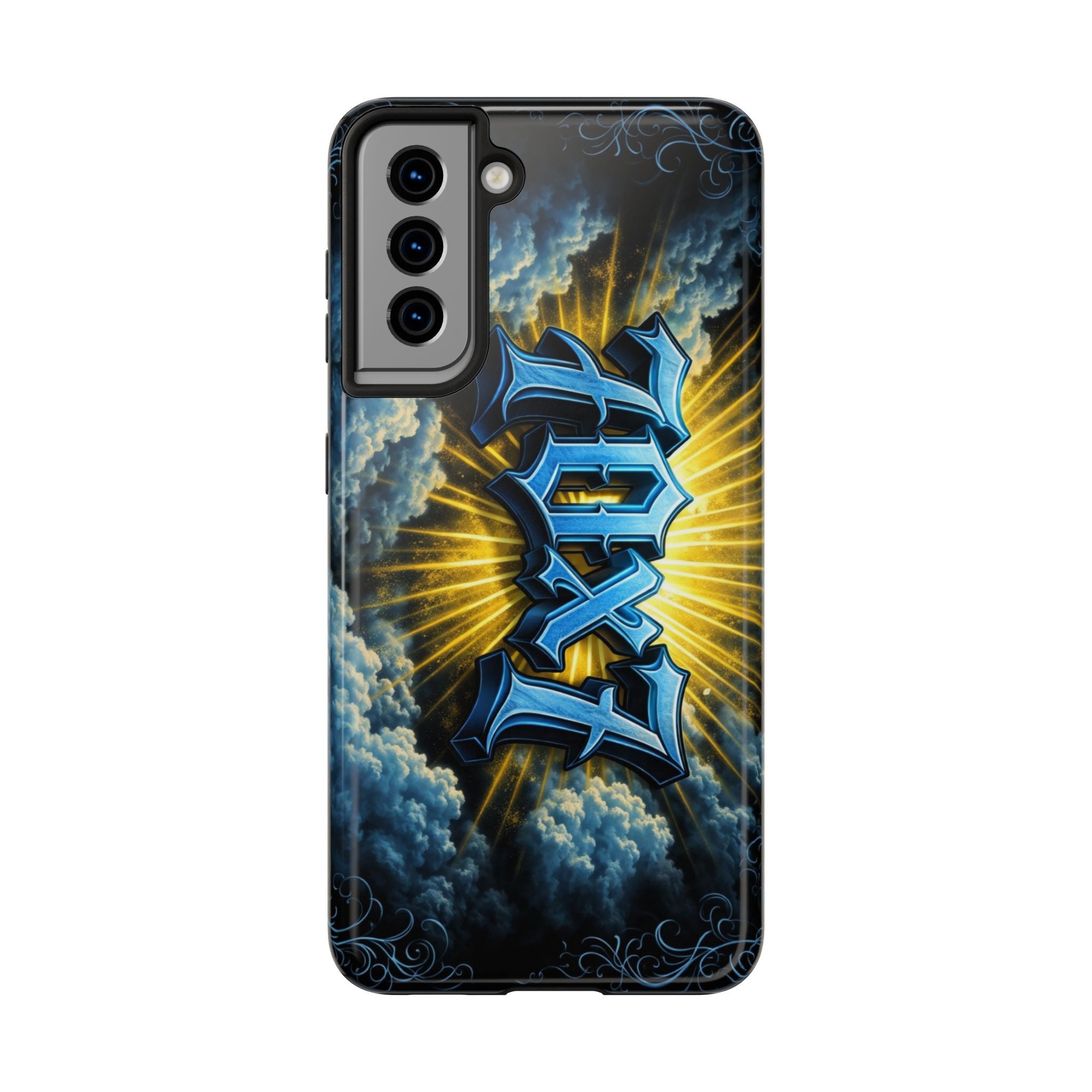 70x7 Streetwear - Tough Phone Case — Bold Blue Graffiti Name with Sunburst Clouds