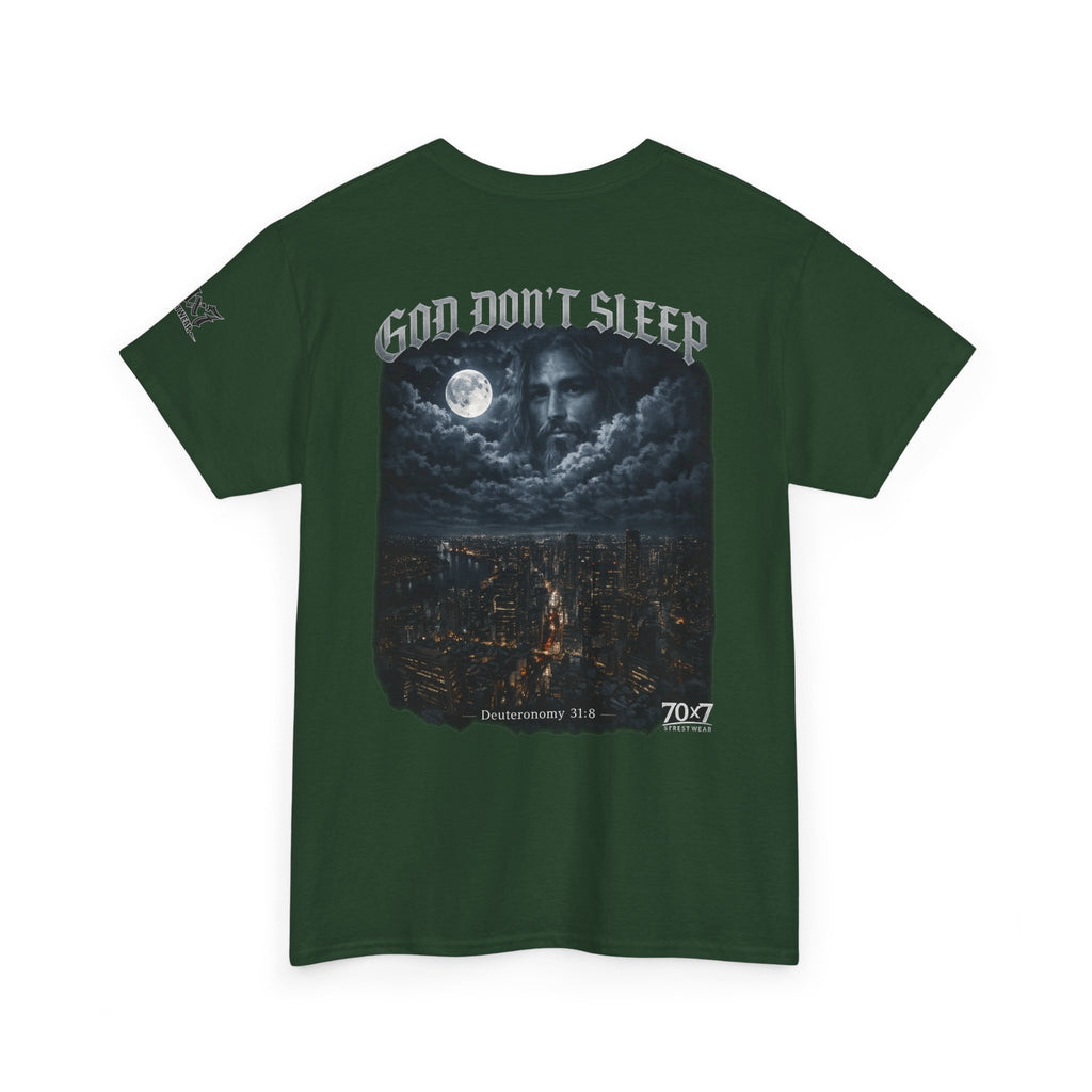 70x7 Streetwear - God Don't Sleep Graphic Tee — Night Cityscape Streetwear