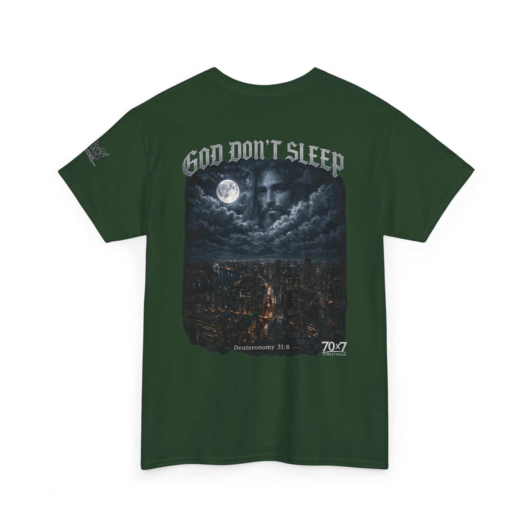 70x7 Streetwear - God Don't Sleep Graphic Tee — Night Cityscape Streetwear