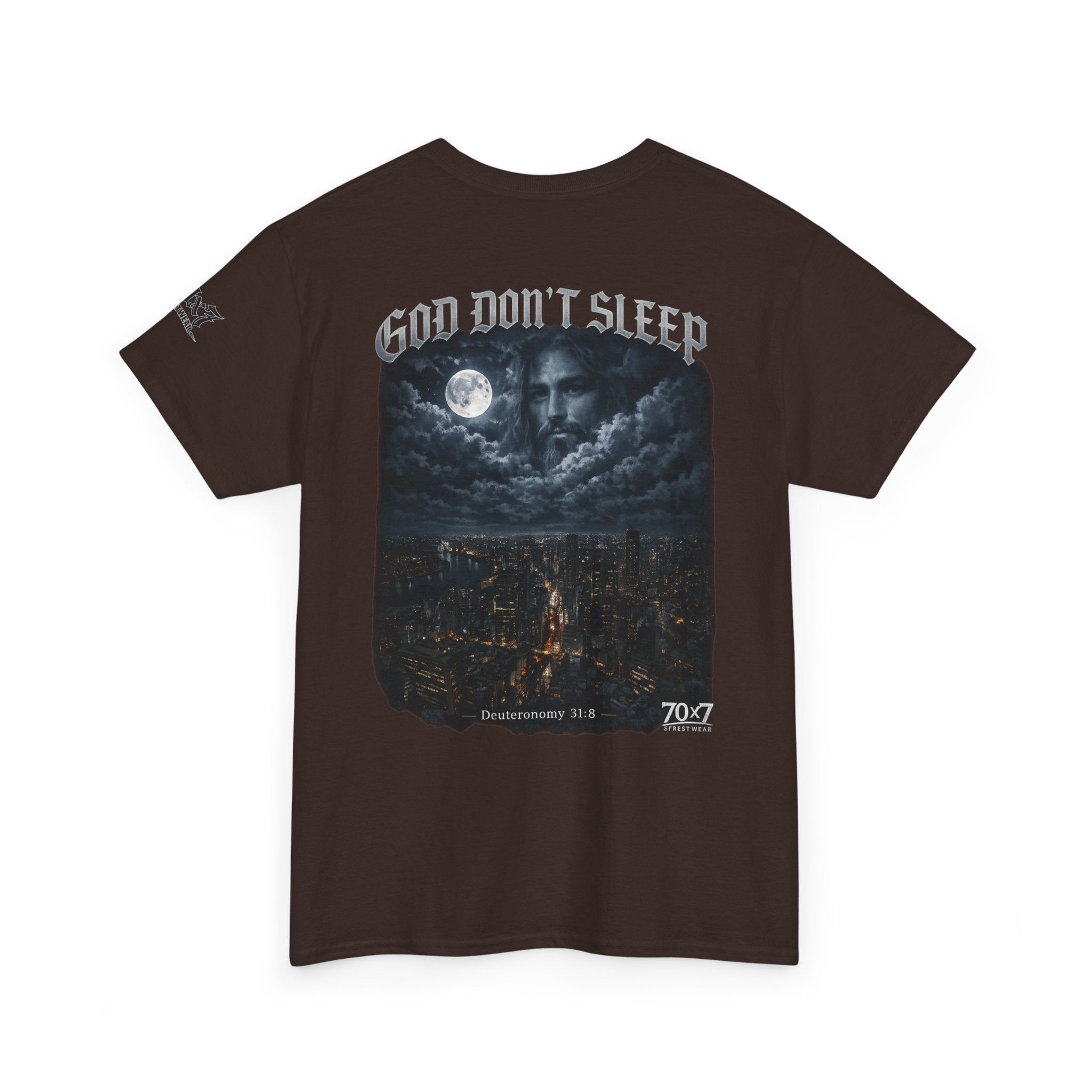 70x7 Streetwear - God Don't Sleep Graphic Tee — Night Cityscape Streetwear
