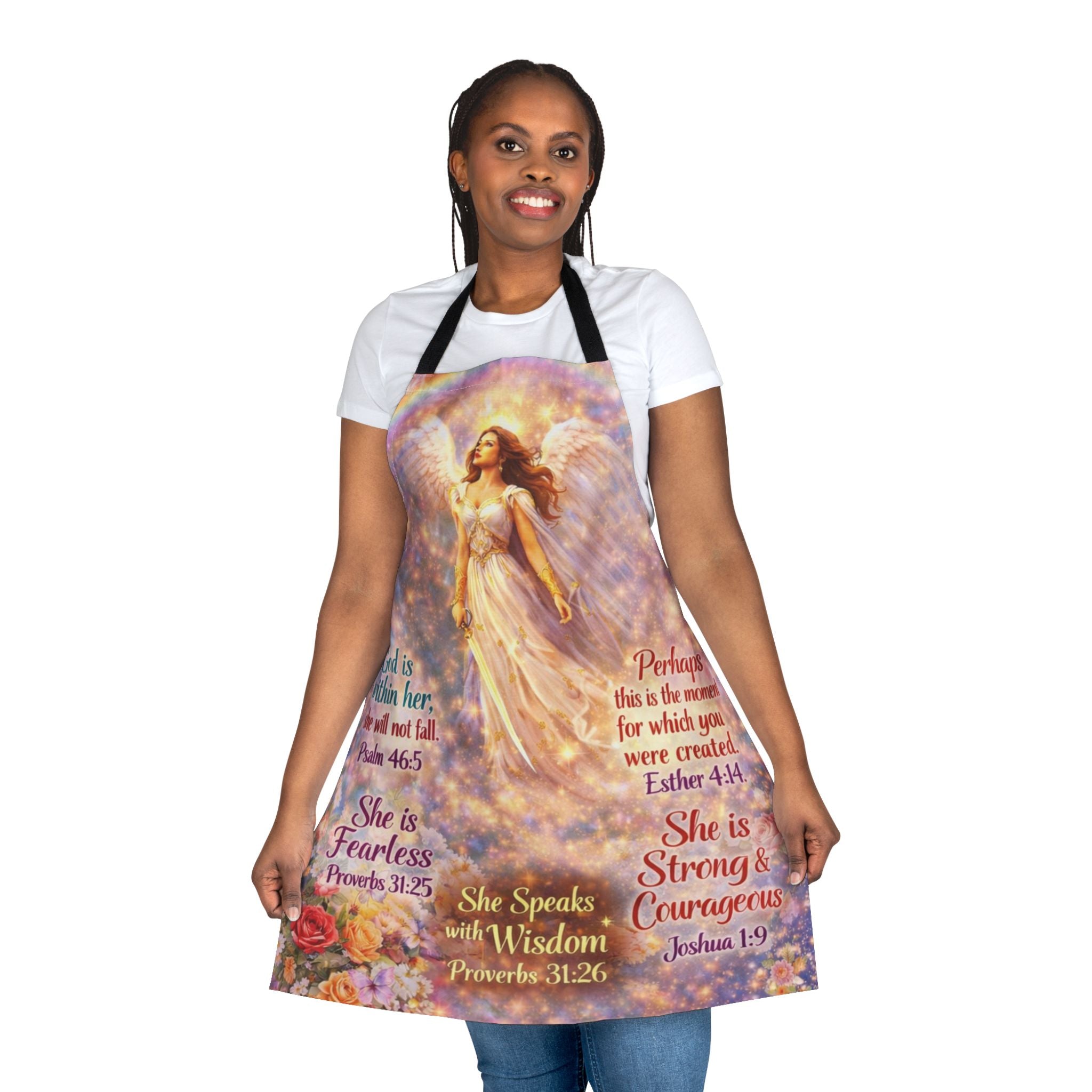 Angel Prayer Apron — Inspirational Scripture Kitchen Apron (She Is Fearless, Strong & Courageous)