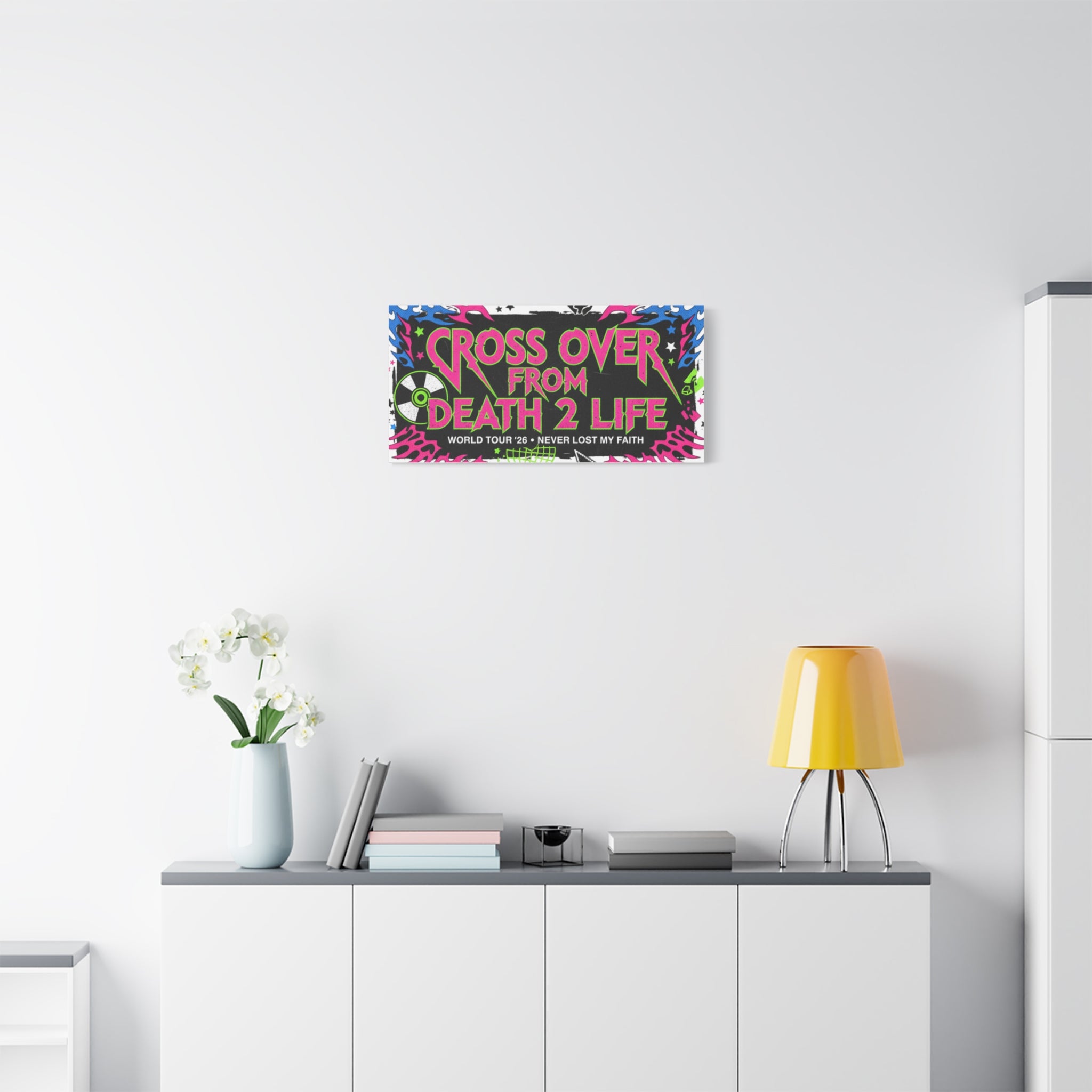 Canvas Wall Art — “Cross Over From Death 2 Life” Neon Rock Poster