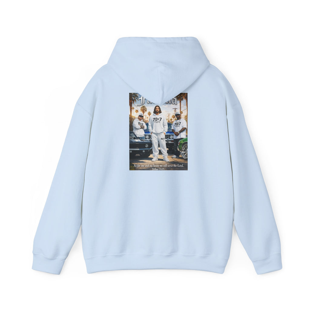 70x7 Streetwear Familia Hoodie — Graphic White Pullover with Back Album-Style Print