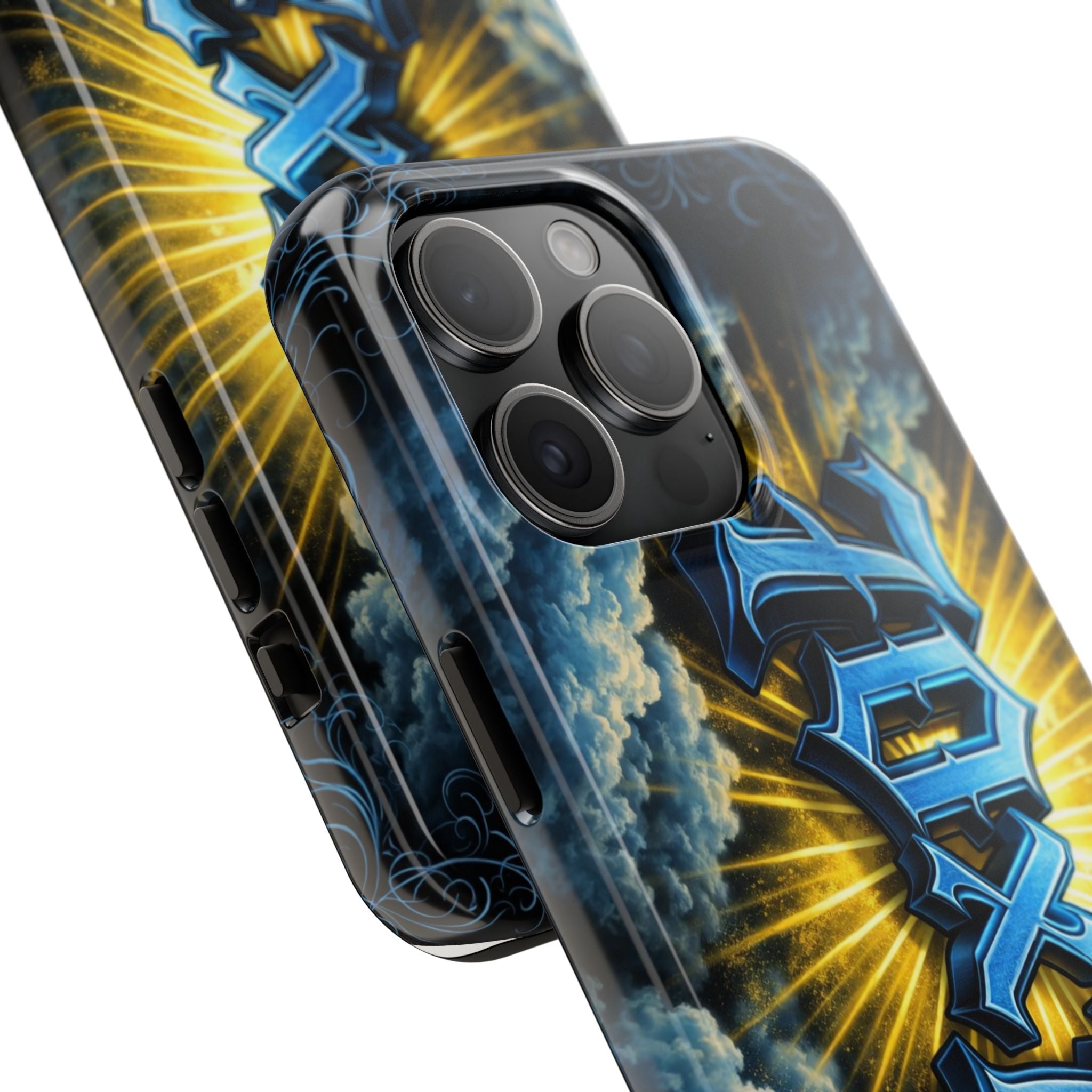 70x7 Streetwear - Tough Phone Case — Bold Blue Graffiti Name with Sunburst Clouds