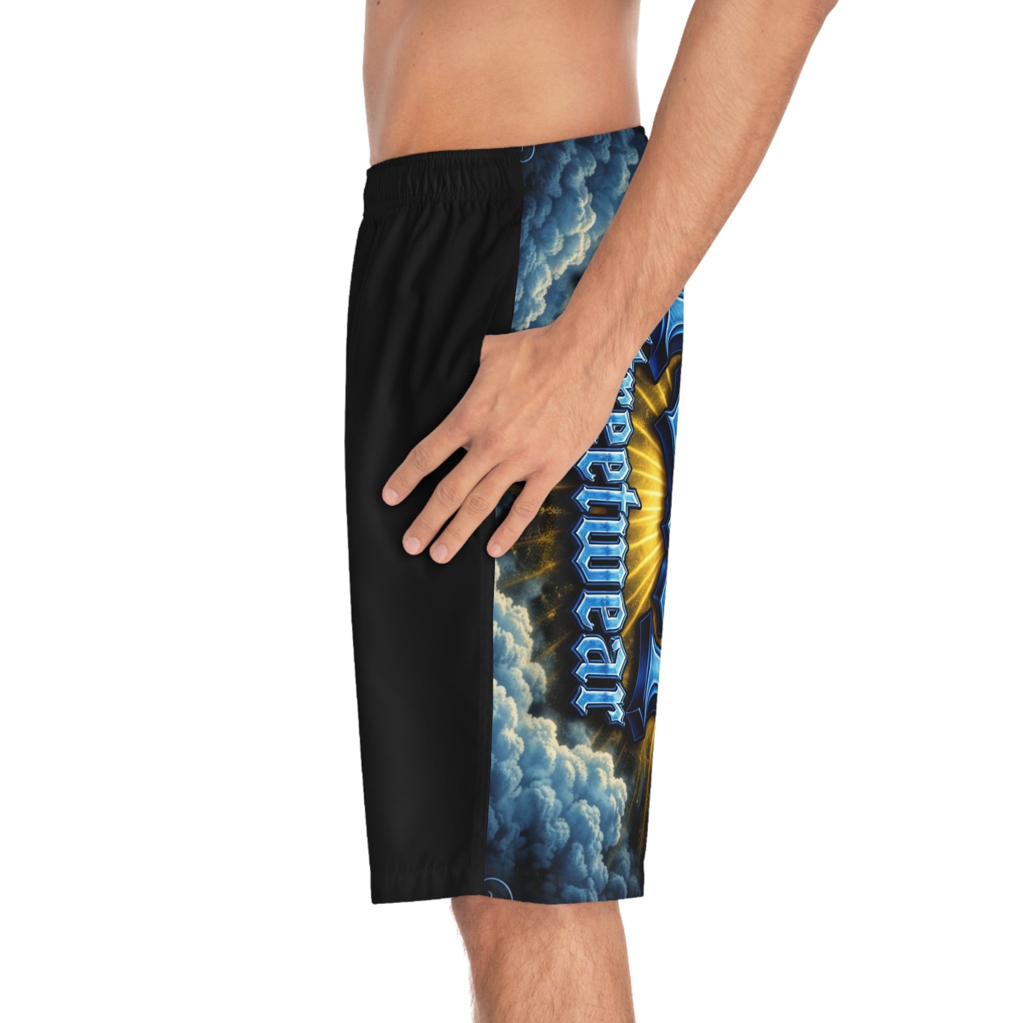 70x7 Streetwear Men's Board Shorts — Bold Blue Graffiti Graphic