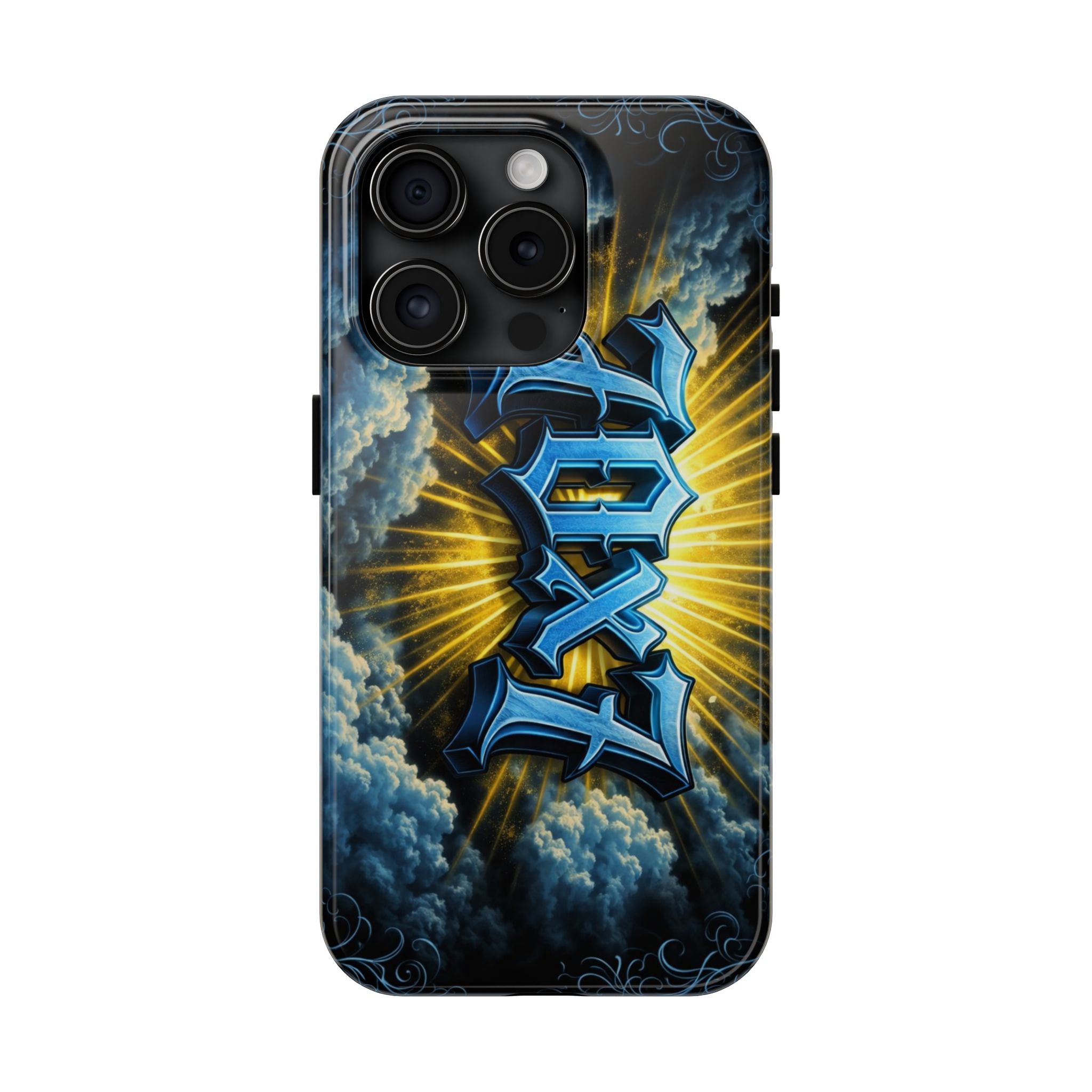 70x7 Streetwear - Tough Phone Case — Bold Blue Graffiti Name with Sunburst Clouds