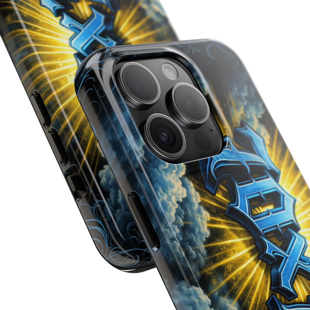 70x7 Streetwear - Tough Phone Case — Bold Blue Graffiti Name with Sunburst Clouds