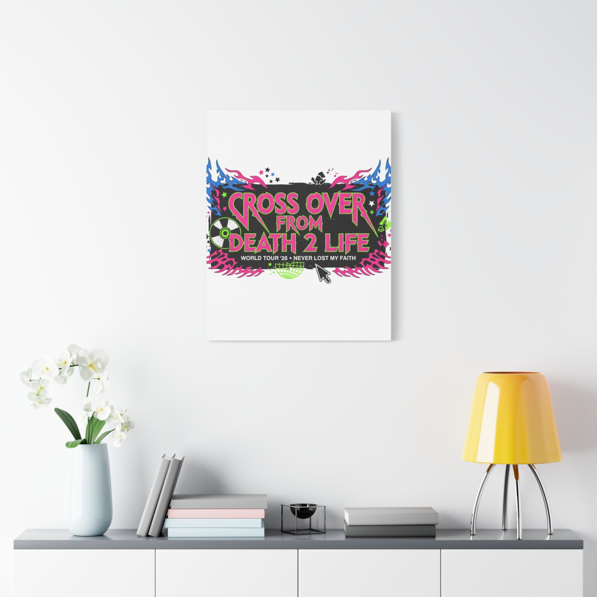 Canvas Wall Art — “Cross Over From Death 2 Life” Neon Rock Poster
