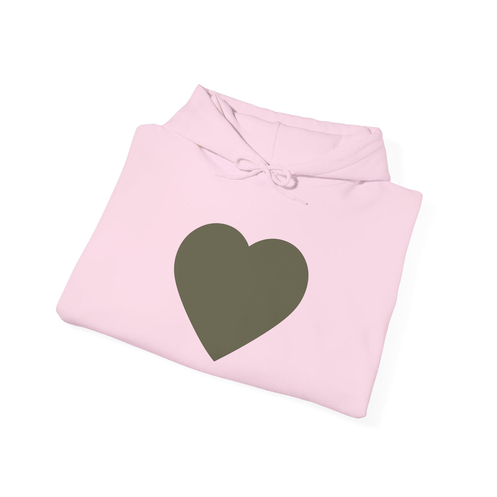 Heart Accent Hoodie — Minimal Olive Heart Sweatshirt for Everyday Wear