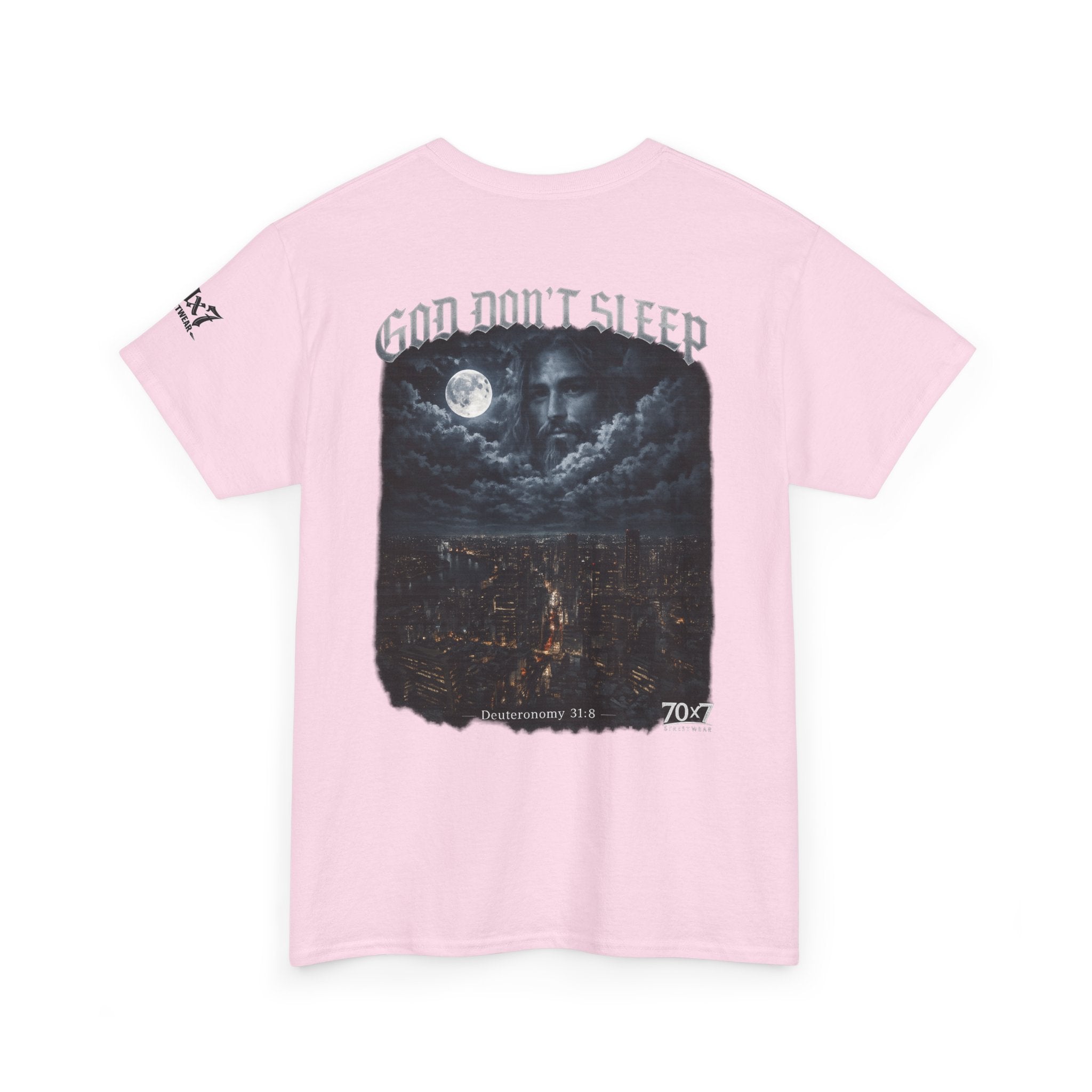 70x7 Streetwear - God Don't Sleep Graphic Tee — Night Cityscape Streetwear