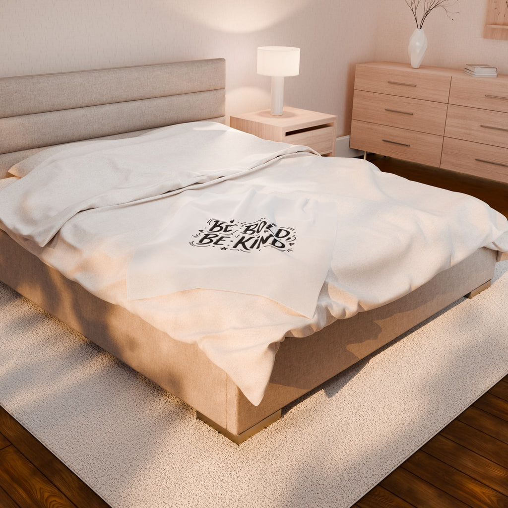 Be Bold Be Kind Velveteen Plush Blanket | Handwritten Marker Brush Script, Cozy Cream