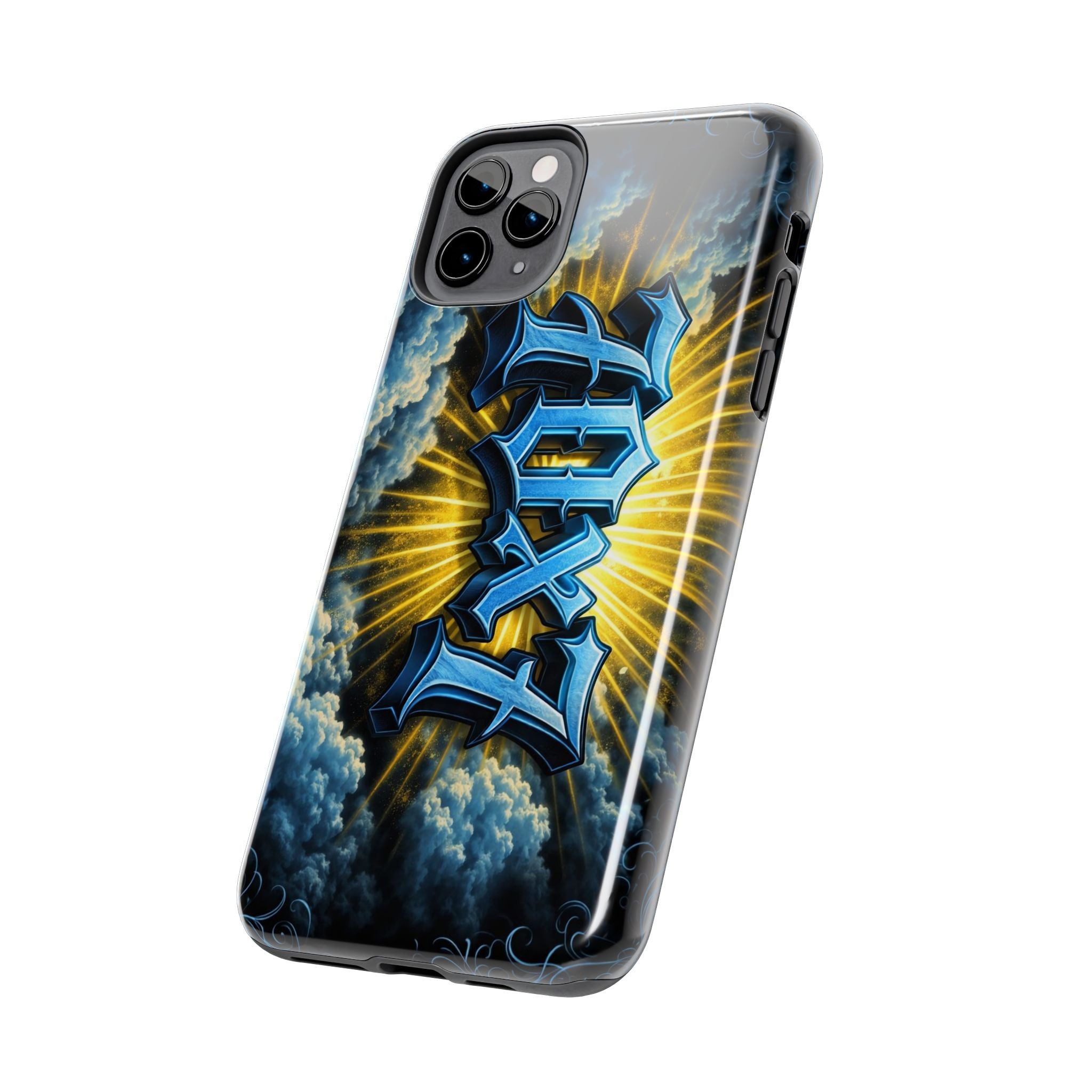 70x7 Streetwear - Tough Phone Case — Bold Blue Graffiti Name with Sunburst Clouds