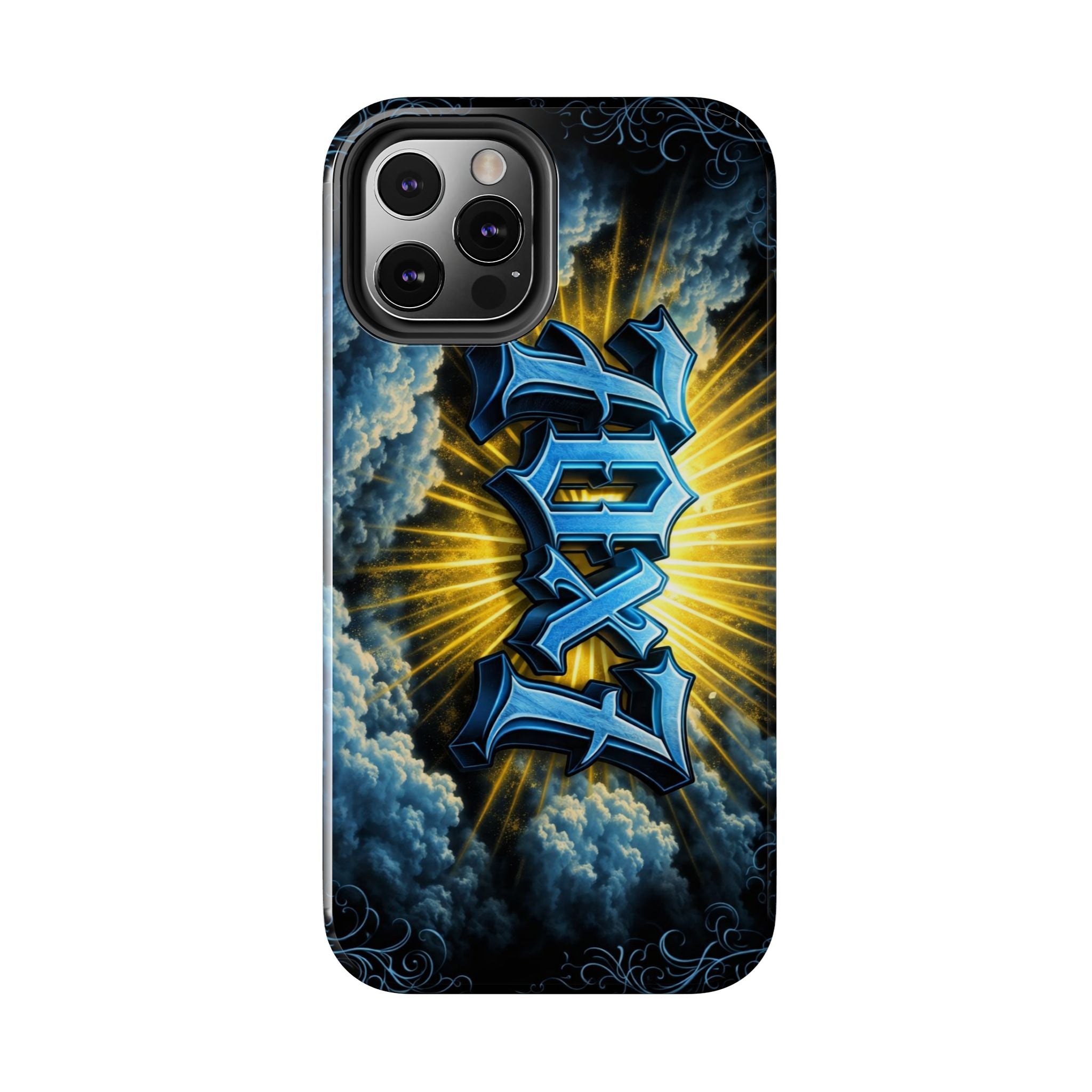 70x7 Streetwear - Tough Phone Case — Bold Blue Graffiti Name with Sunburst Clouds