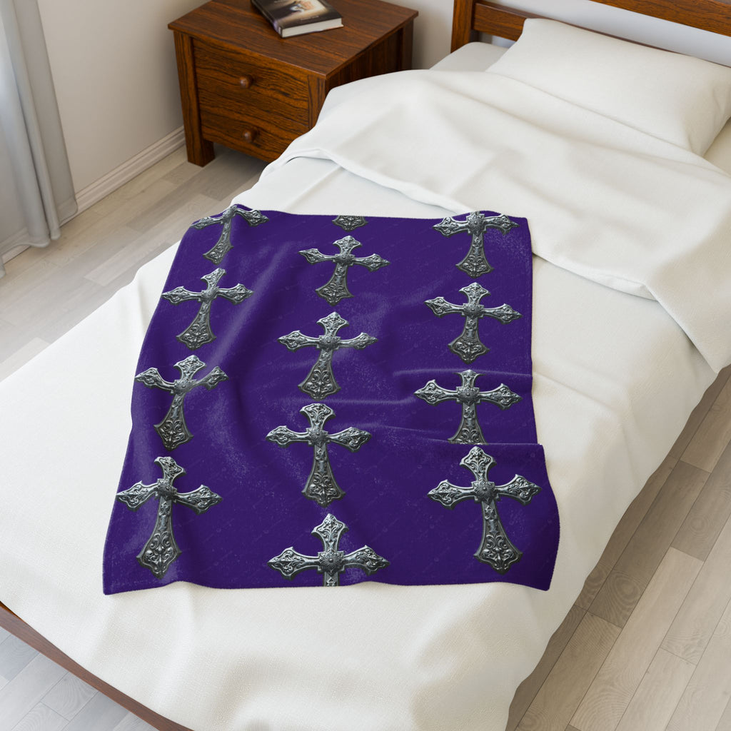 Velveteen Plush Blanket — Gothic Silver Cross Pattern on Purple