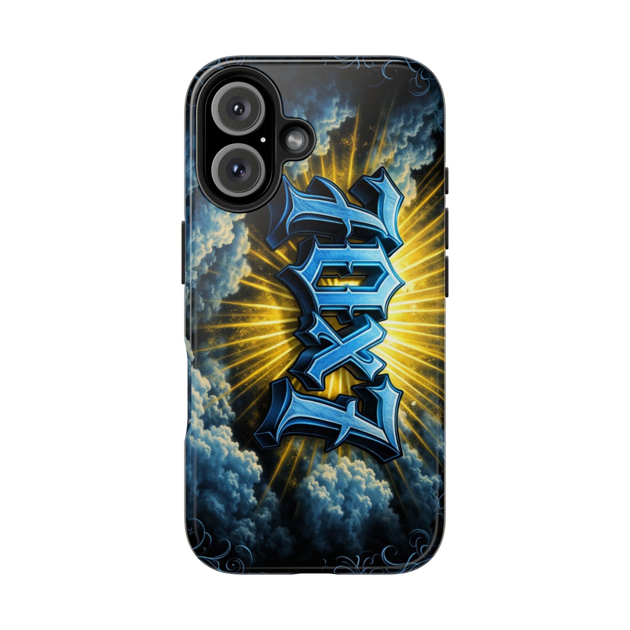 70x7 Streetwear - Tough Phone Case — Bold Blue Graffiti Name with Sunburst Clouds