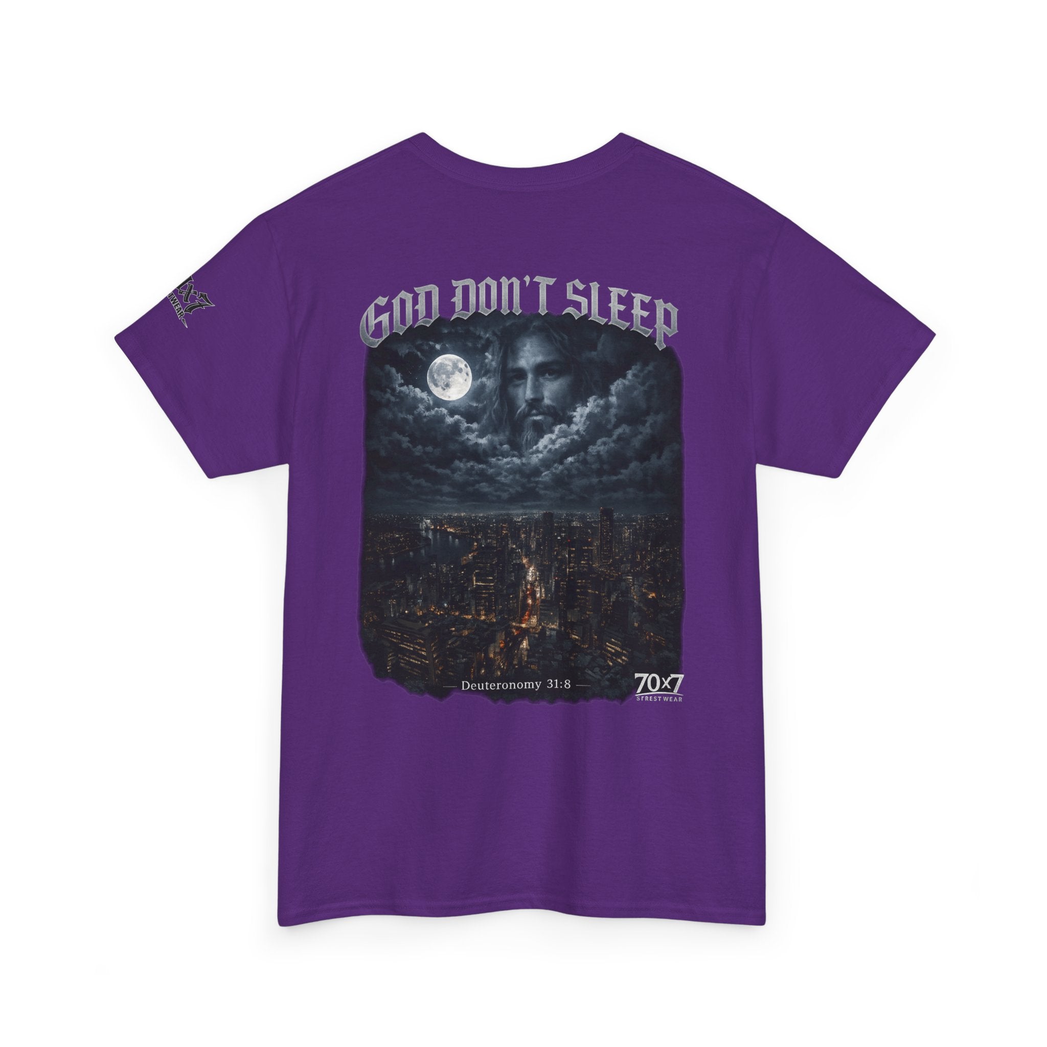 70x7 Streetwear - God Don't Sleep Graphic Tee — Night Cityscape Streetwear