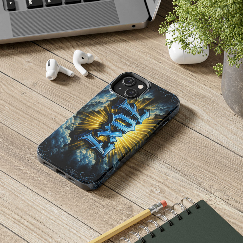 70x7 Streetwear - Tough Phone Case — Bold Blue Graffiti Name with Sunburst Clouds
