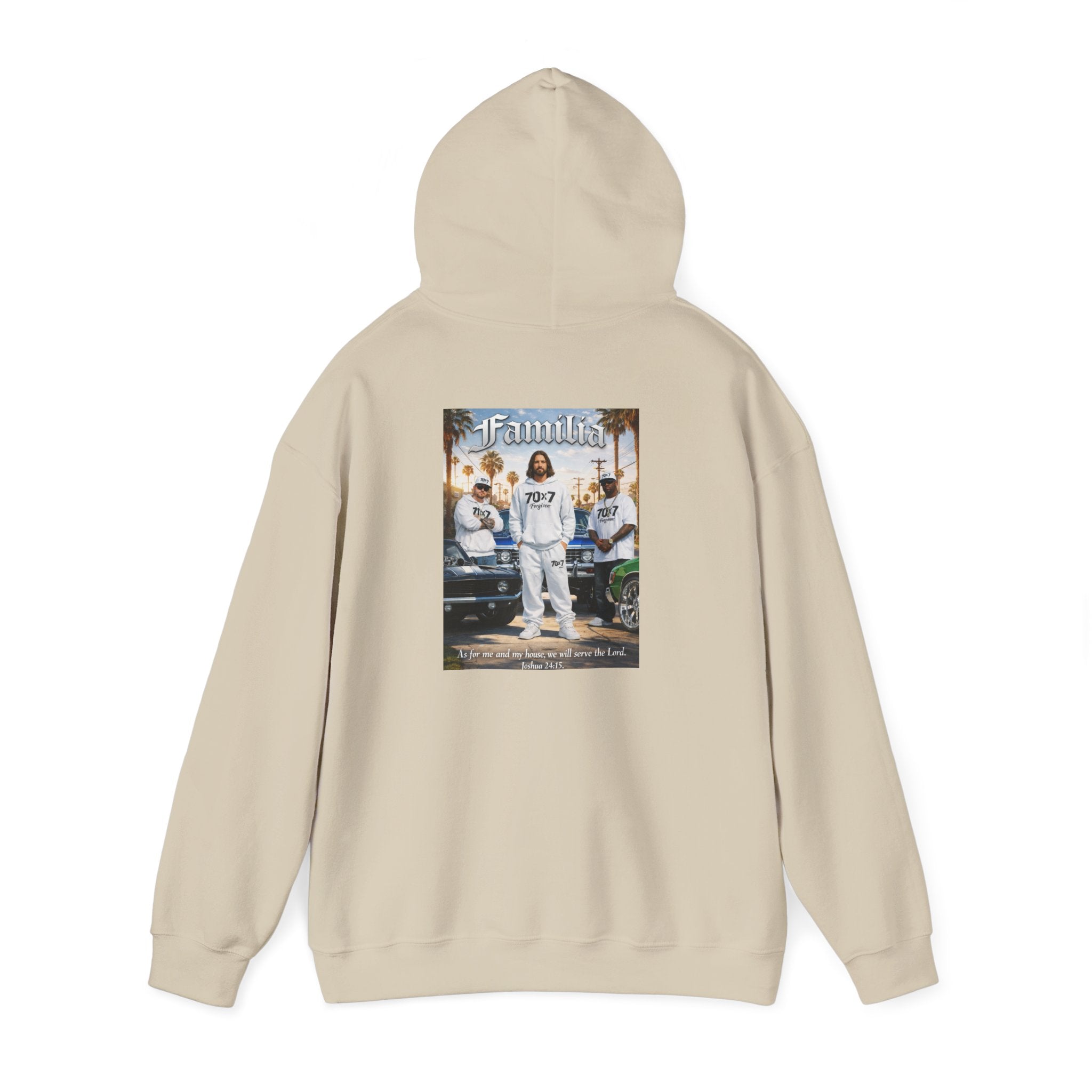 70x7 Streetwear Familia Hoodie — Graphic White Pullover with Back Album-Style Print