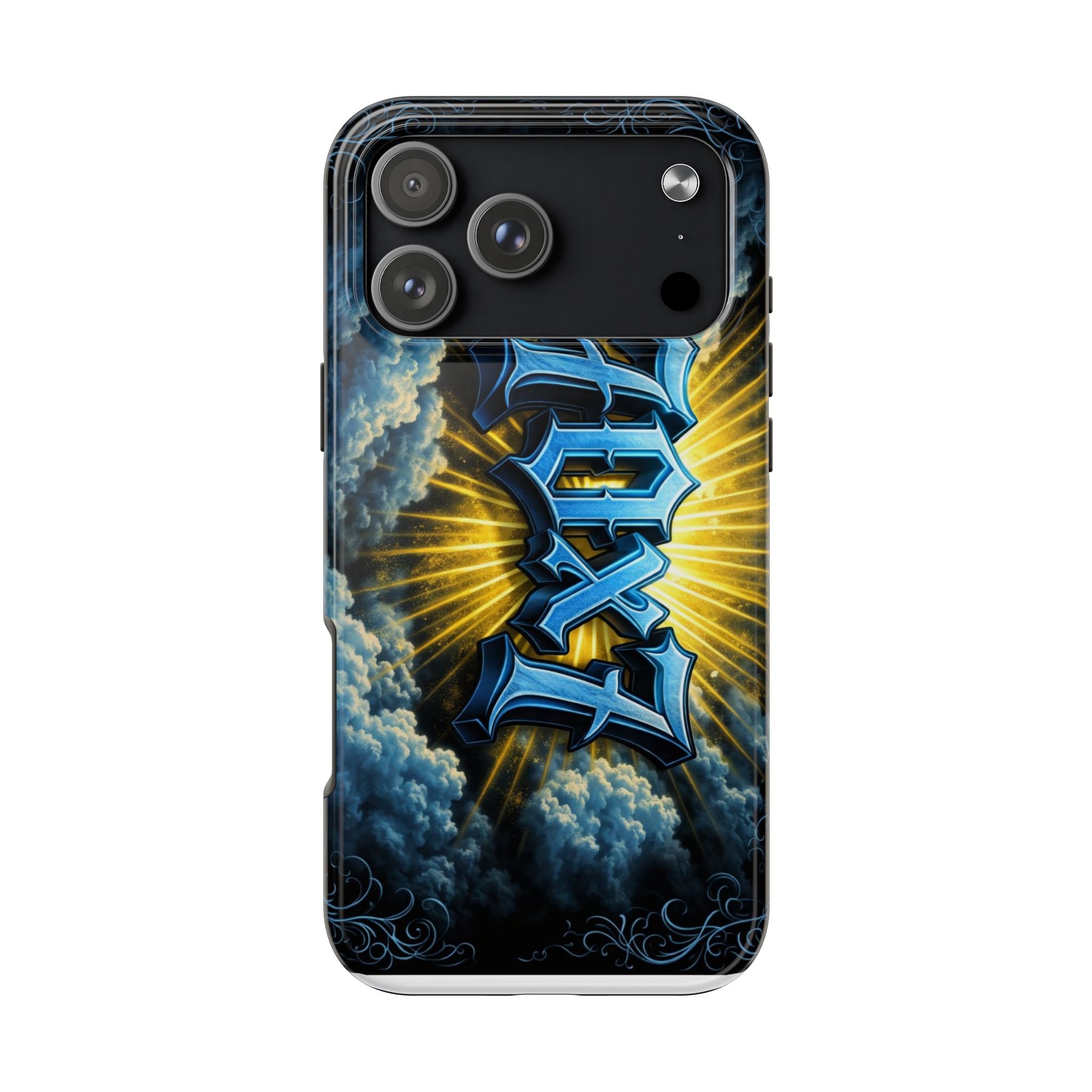 70x7 Streetwear - Tough Phone Case — Bold Blue Graffiti Name with Sunburst Clouds