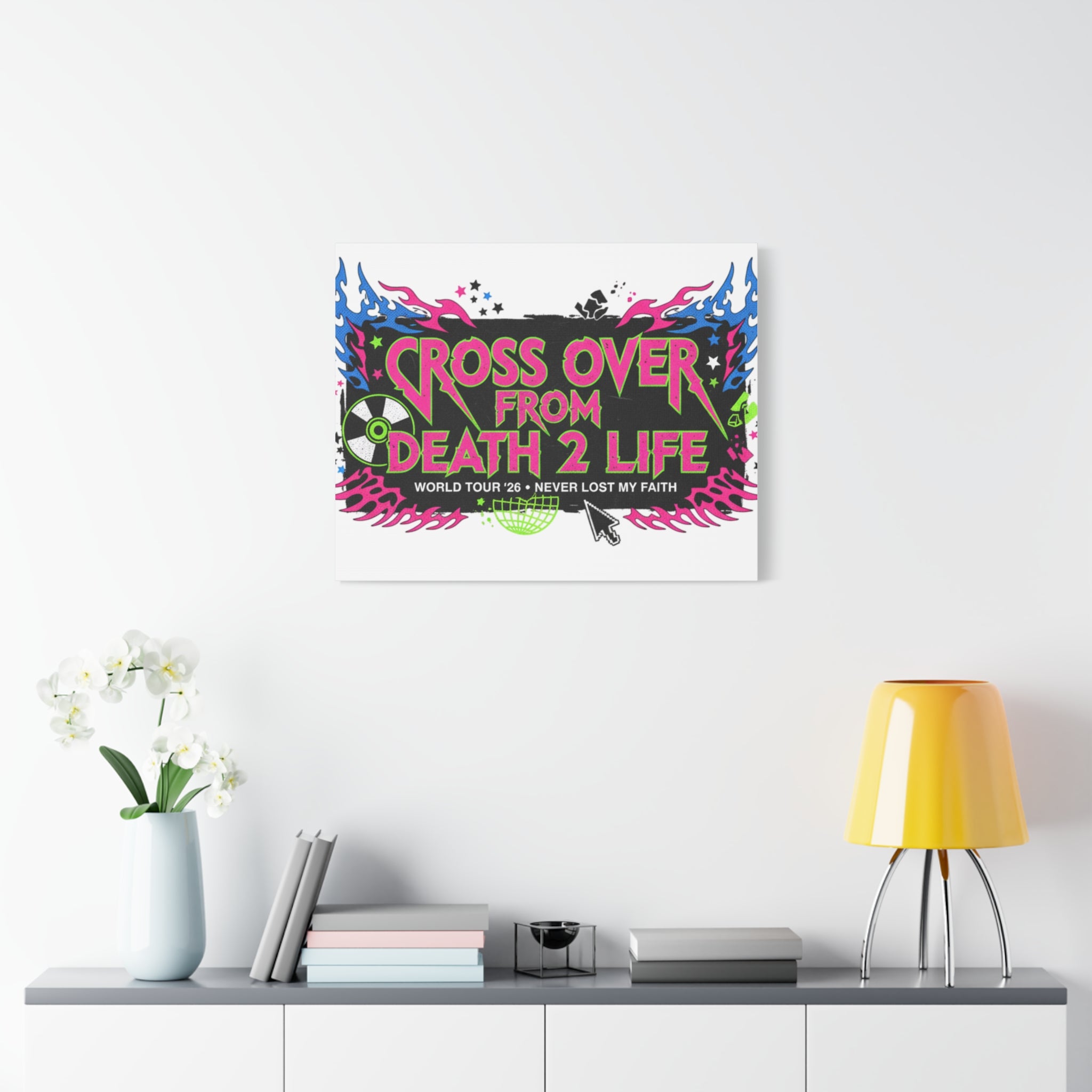 Canvas Wall Art — “Cross Over From Death 2 Life” Neon Rock Poster
