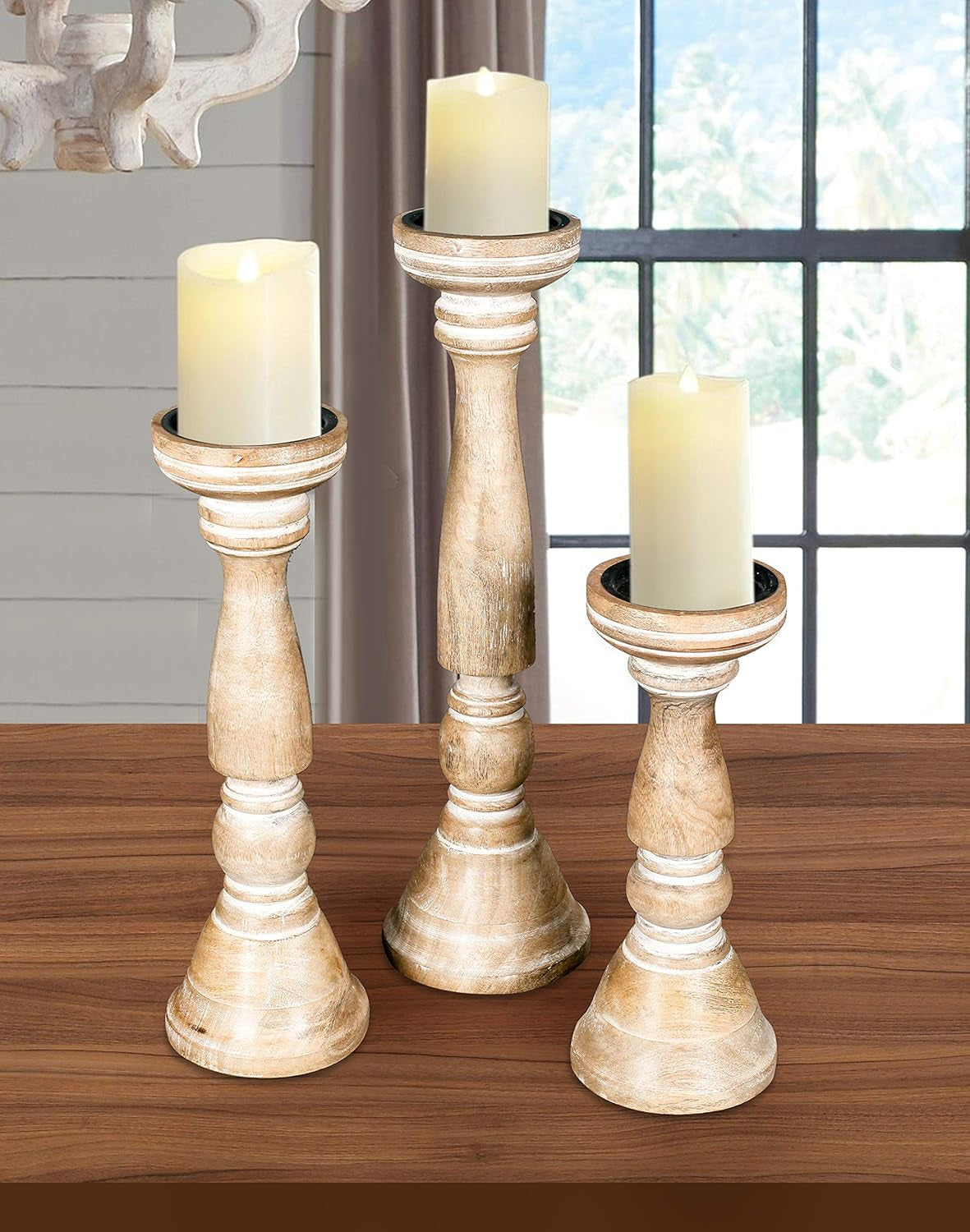Pillar Candle Holders Set of 3 (16",14" & 12" Height)_White Wash,Candle Holder in Mango Real Wood,Decorative Candle Holders for Table Centerpiece, Wedding, Party, Home Décor, Spa, Farmhouse, Gifting