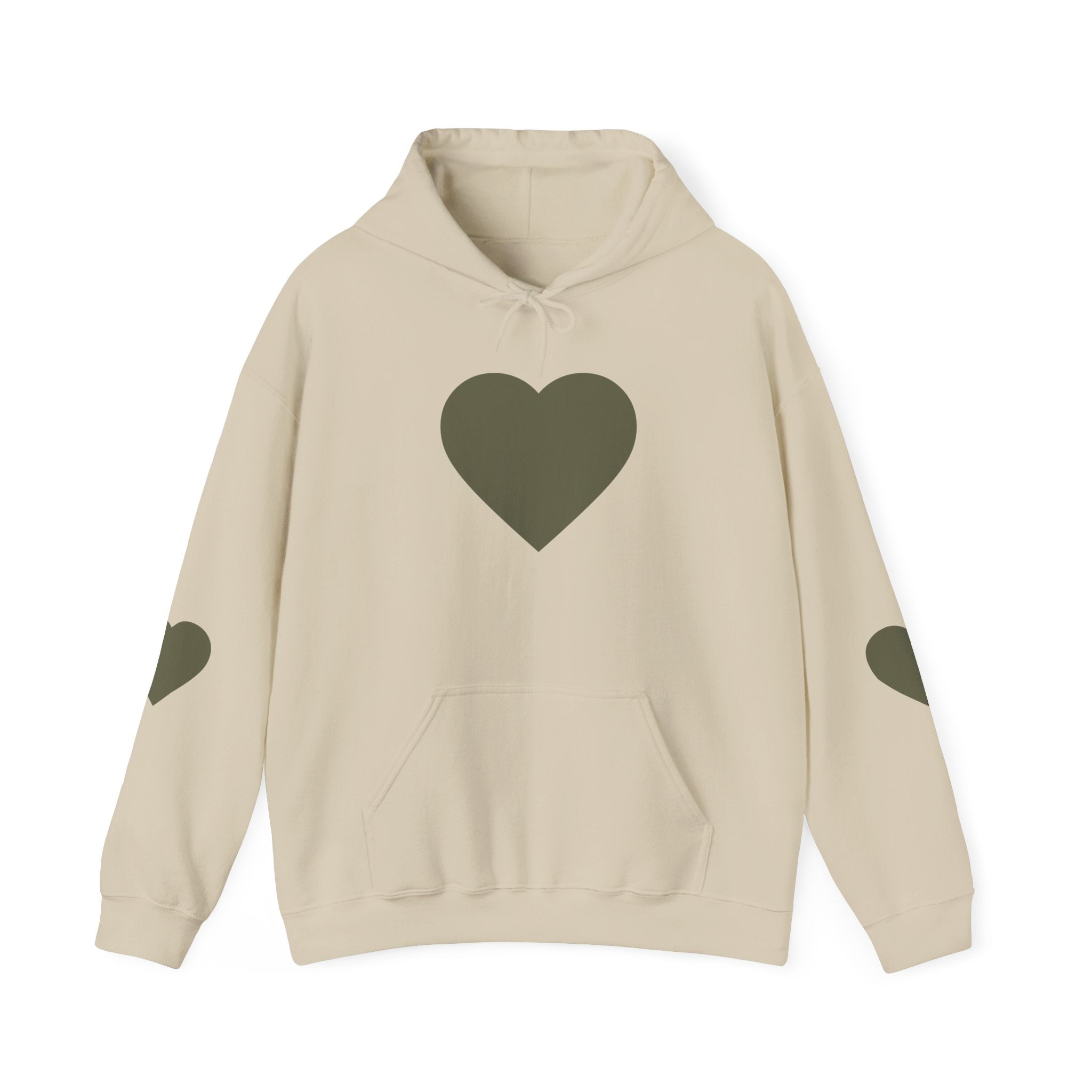 Heart Accent Hoodie — Minimal Olive Heart Sweatshirt for Everyday Wear