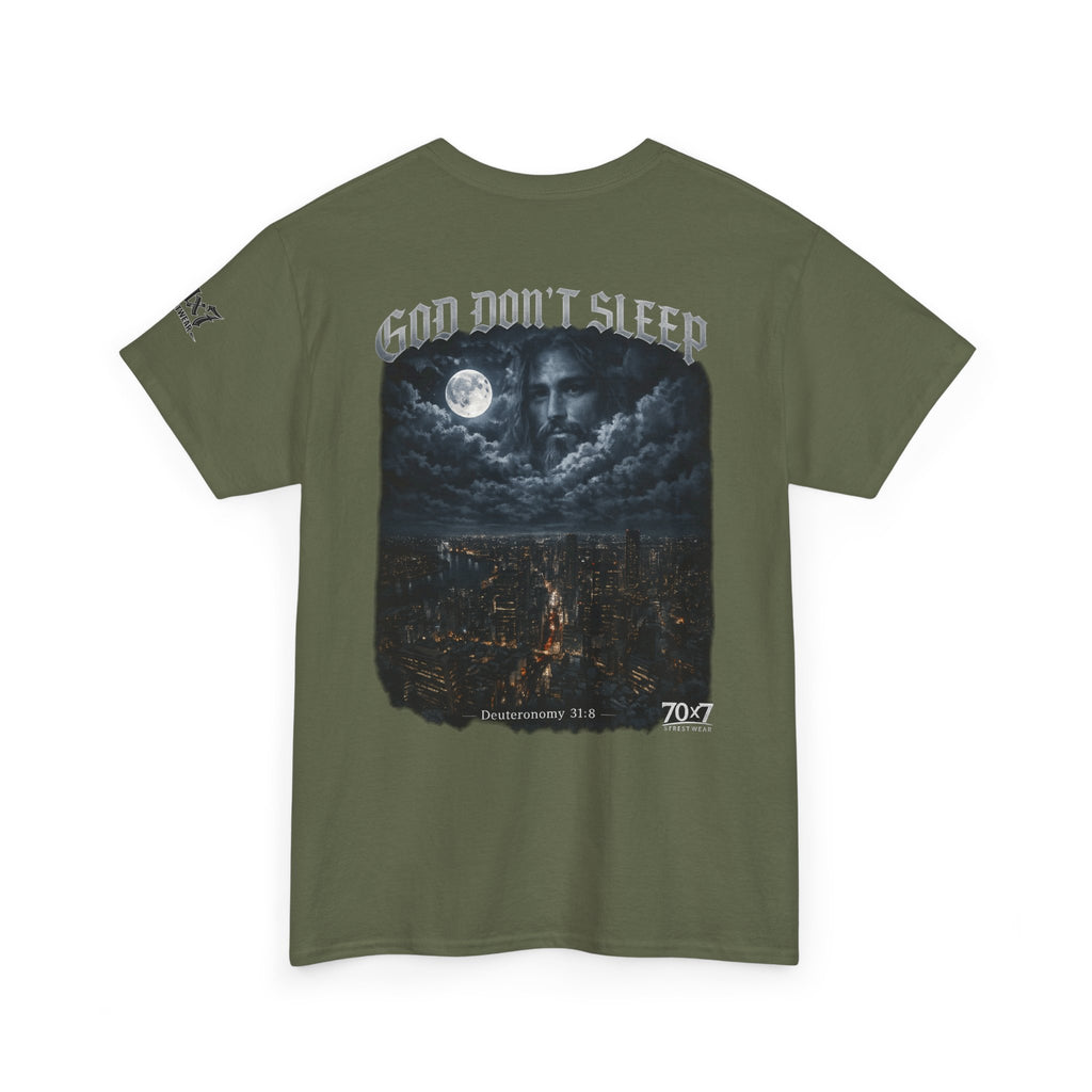 70x7 Streetwear - God Don't Sleep Graphic Tee — Night Cityscape Streetwear