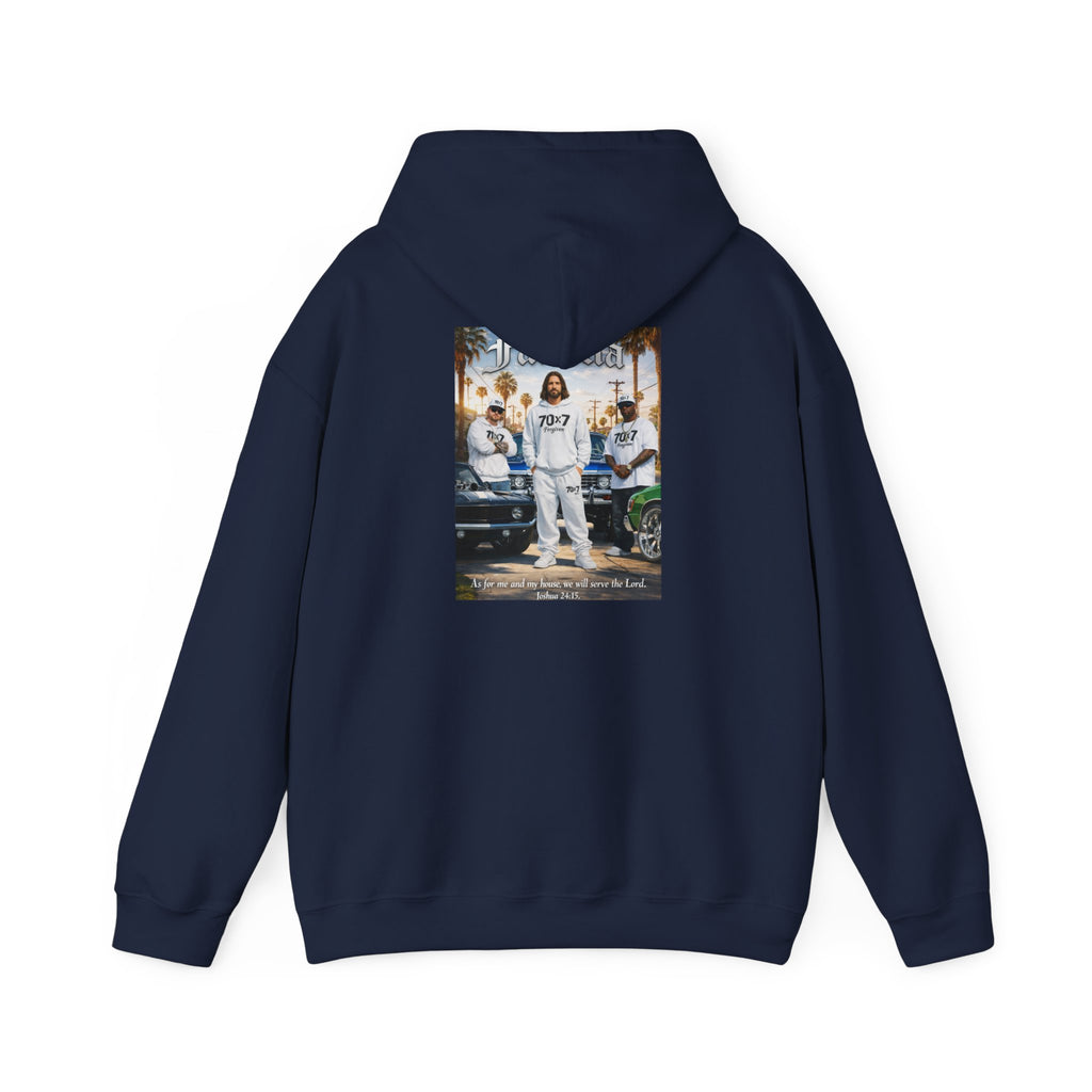70x7 Streetwear Familia Hoodie — Graphic White Pullover with Back Album-Style Print