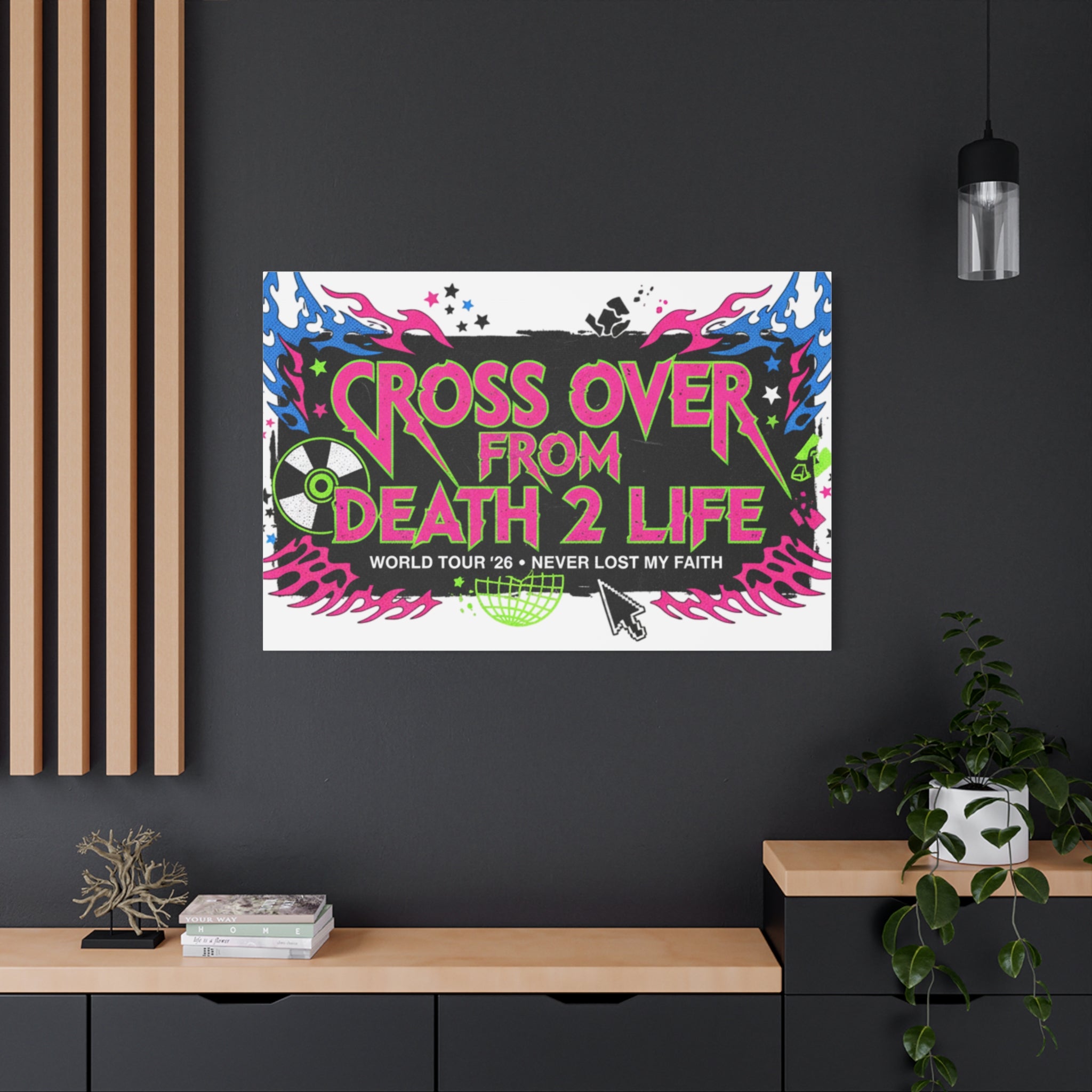 Canvas Wall Art — “Cross Over From Death 2 Life” Neon Rock Poster