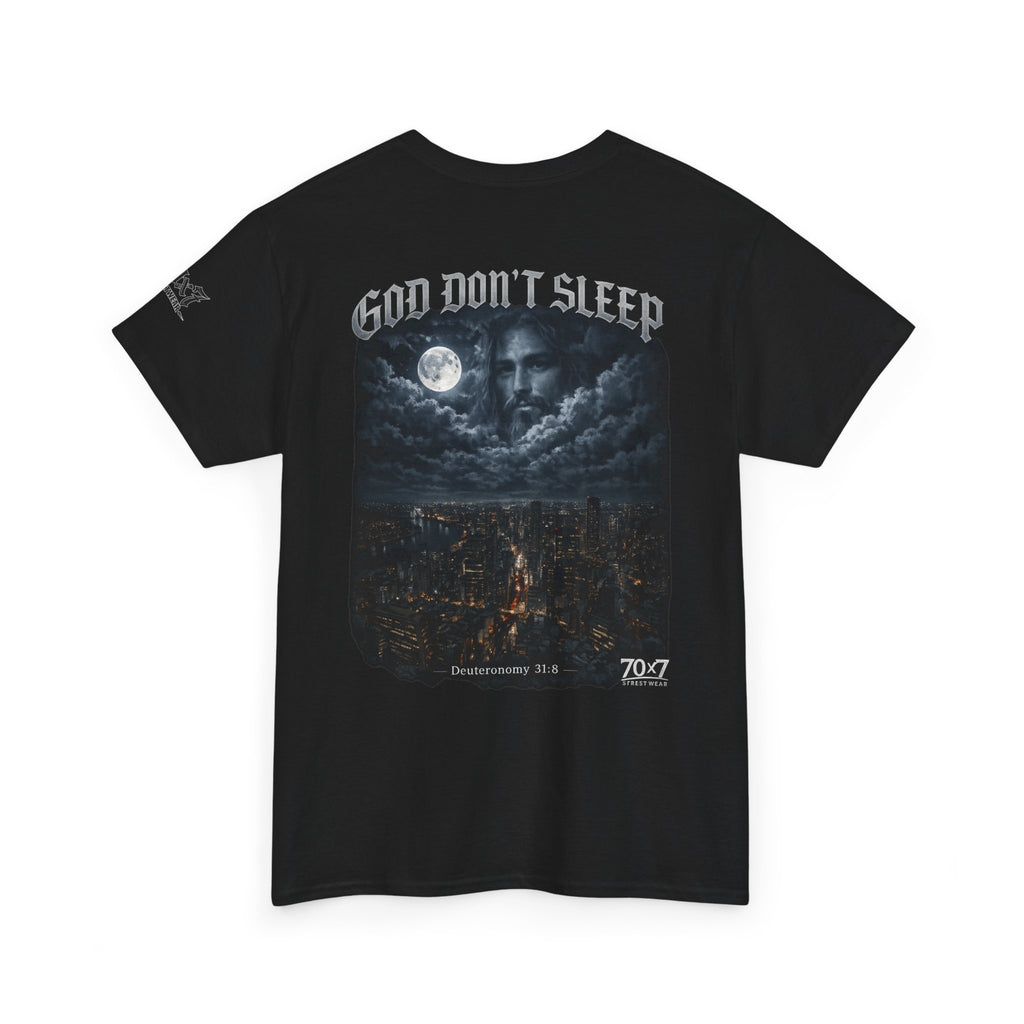 70x7 Streetwear - God Don't Sleep Graphic Tee — Night Cityscape Streetwear