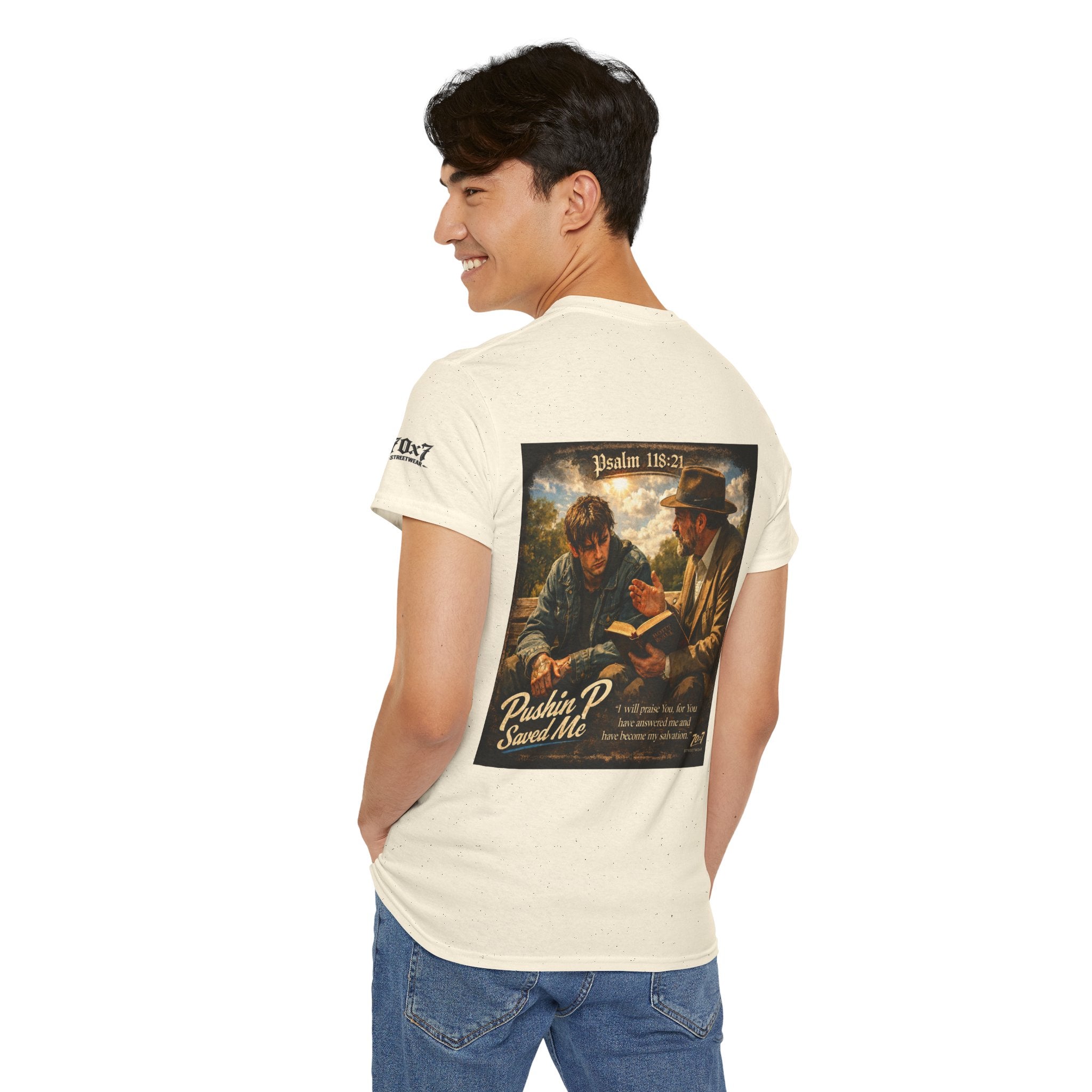 70x7 Streetwear — “Pushin P Saved Me” Psalm 118:24 Graphic T-Shirt