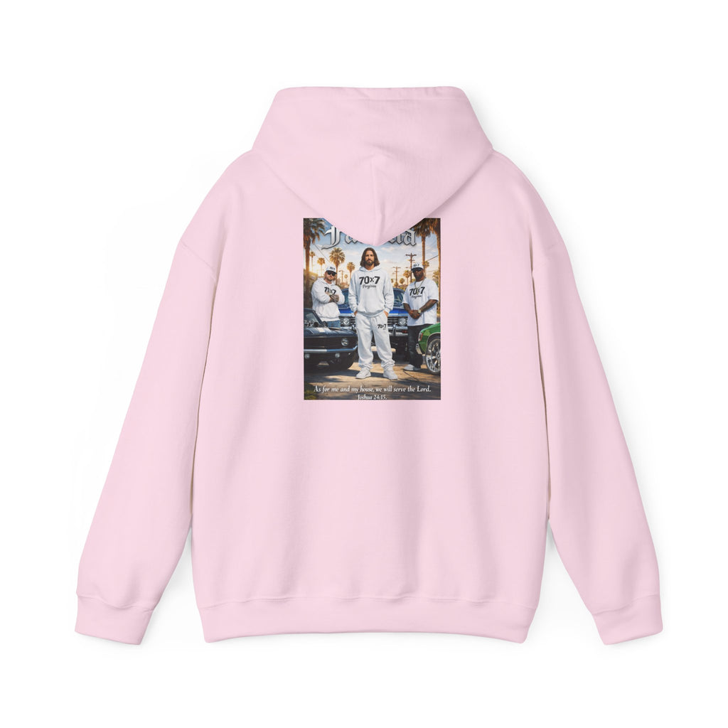 70x7 Streetwear Familia Hoodie — Graphic White Pullover with Back Album-Style Print