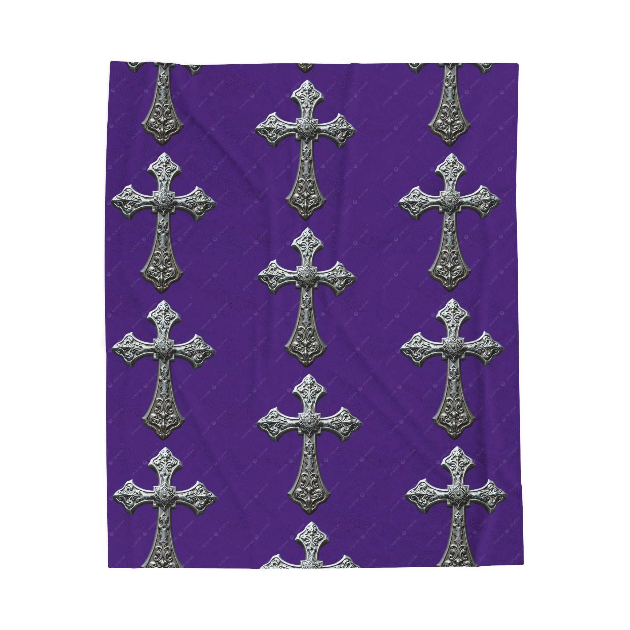 Velveteen Plush Blanket — Gothic Silver Cross Pattern on Purple