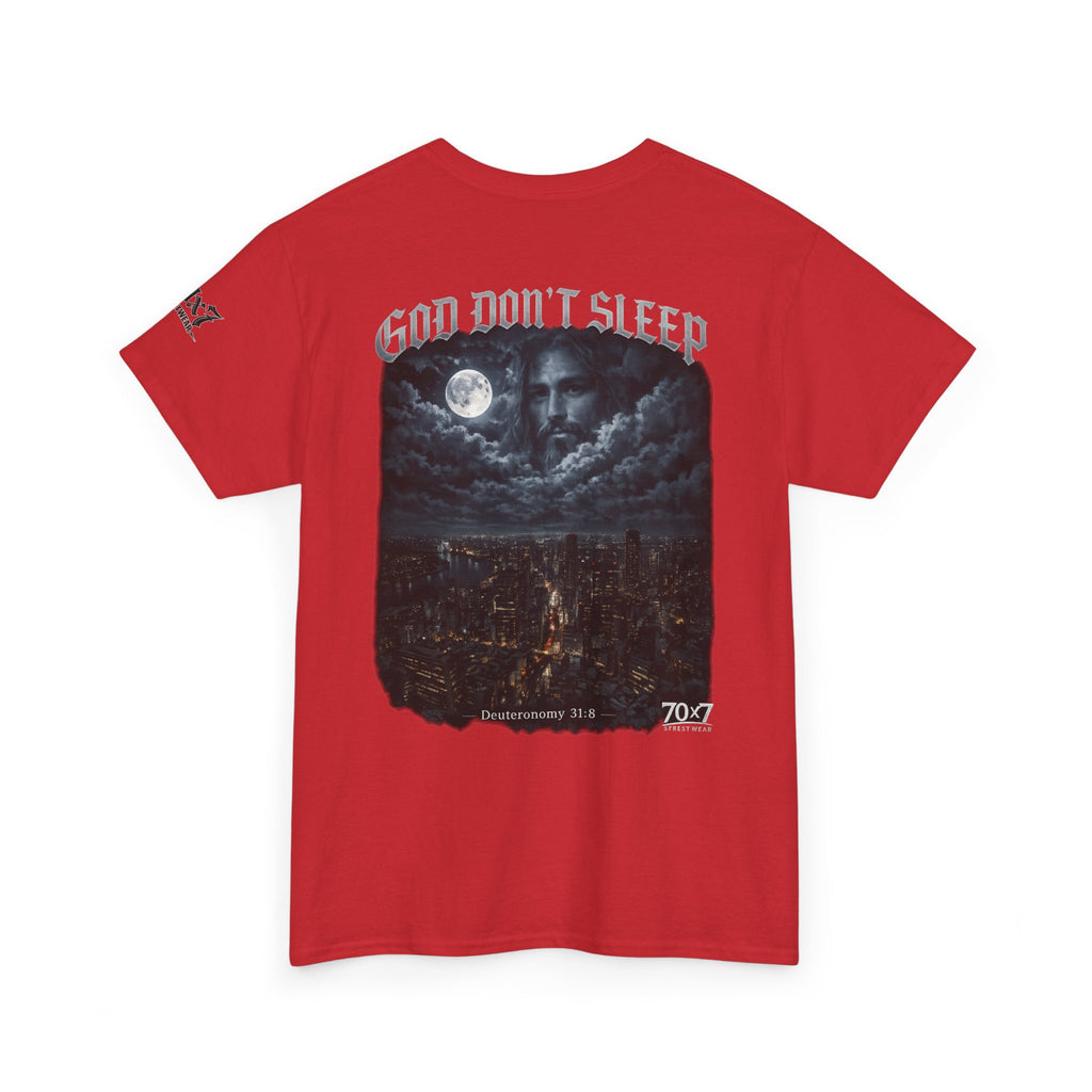 70x7 Streetwear - God Don't Sleep Graphic Tee — Night Cityscape Streetwear