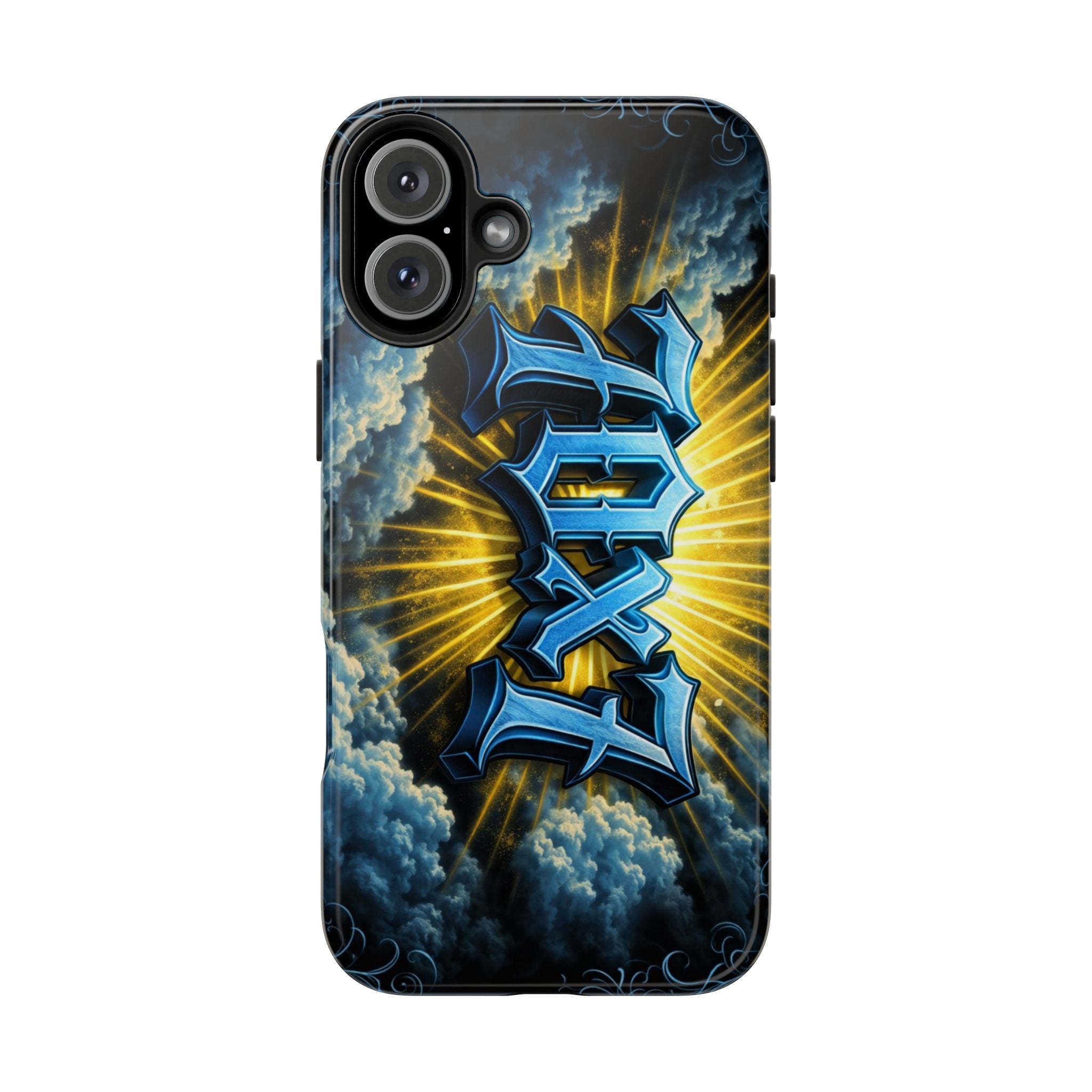 70x7 Streetwear - Tough Phone Case — Bold Blue Graffiti Name with Sunburst Clouds