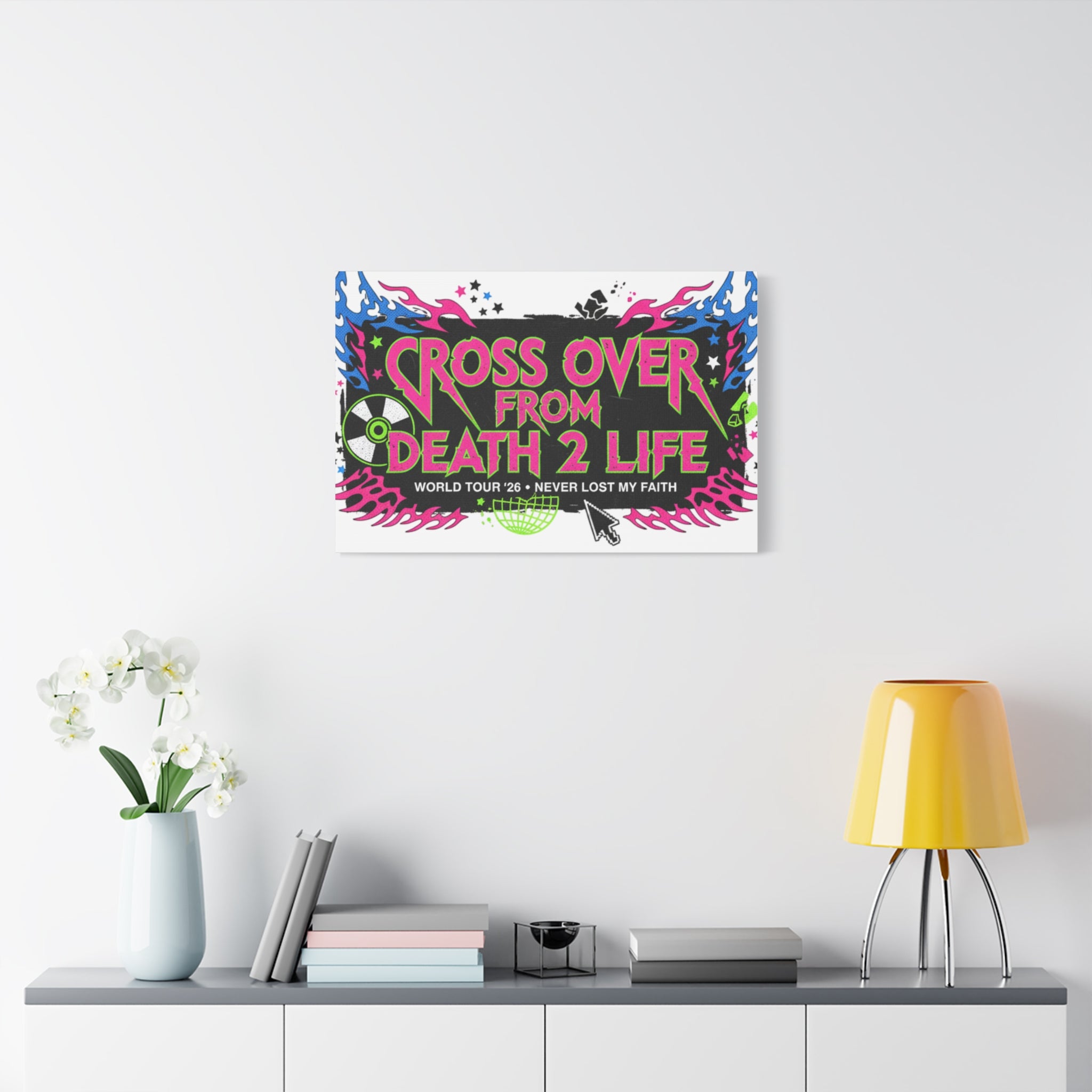 Canvas Wall Art — “Cross Over From Death 2 Life” Neon Rock Poster