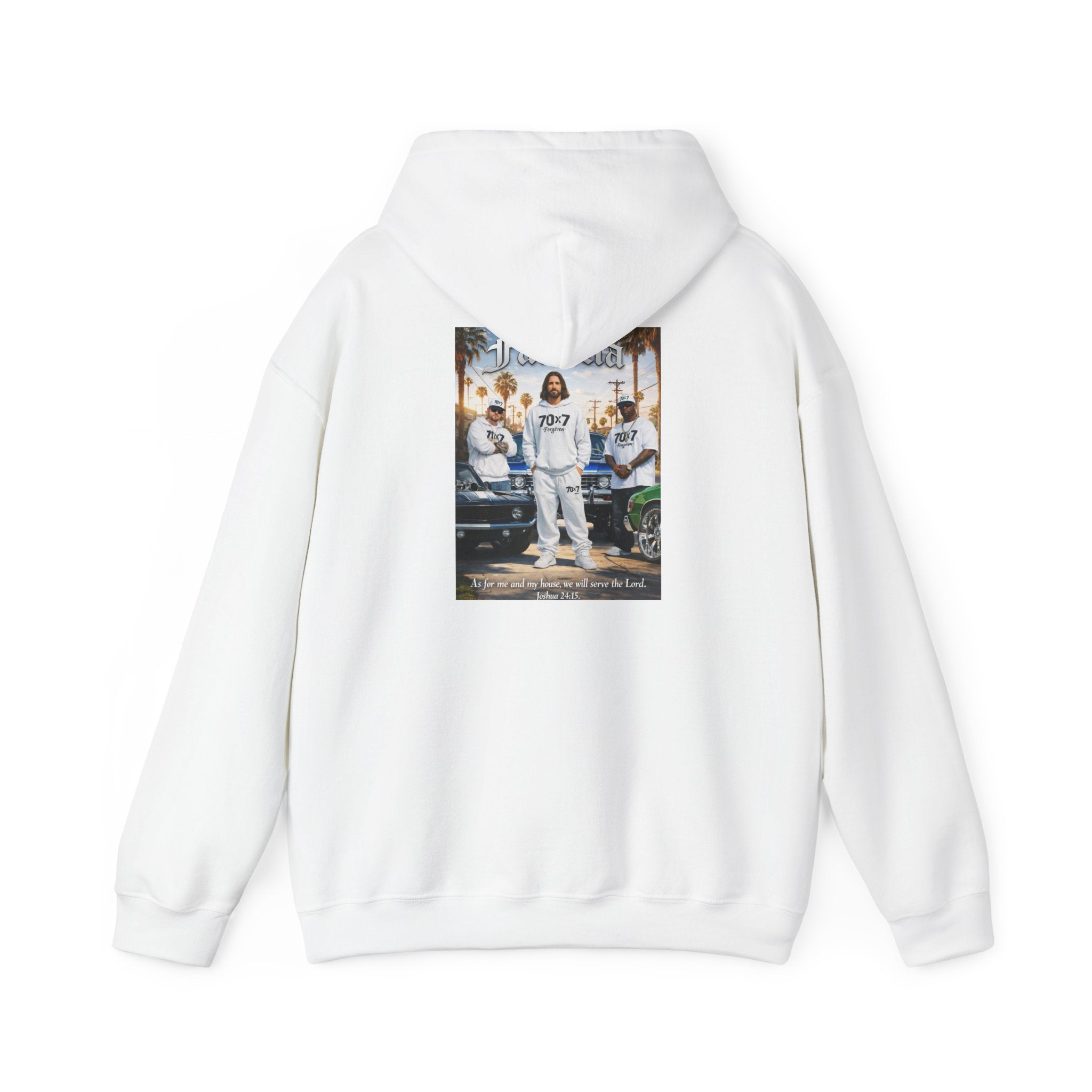 70x7 Streetwear Familia Hoodie — Graphic White Pullover with Back Album-Style Print
