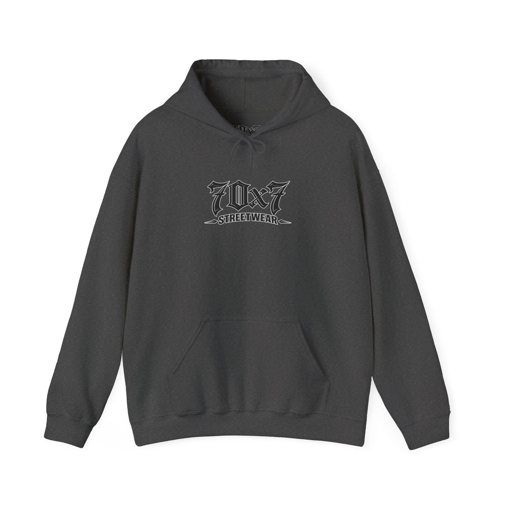 70x7 Streetwear Familia Hoodie — Graphic White Pullover with Back Album-Style Print