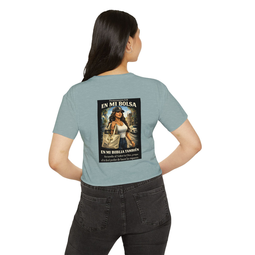 Women's Crop Top — "En Mi Bolsa, En Mi Biblia También" 70 x7 Streetwear Graphic
