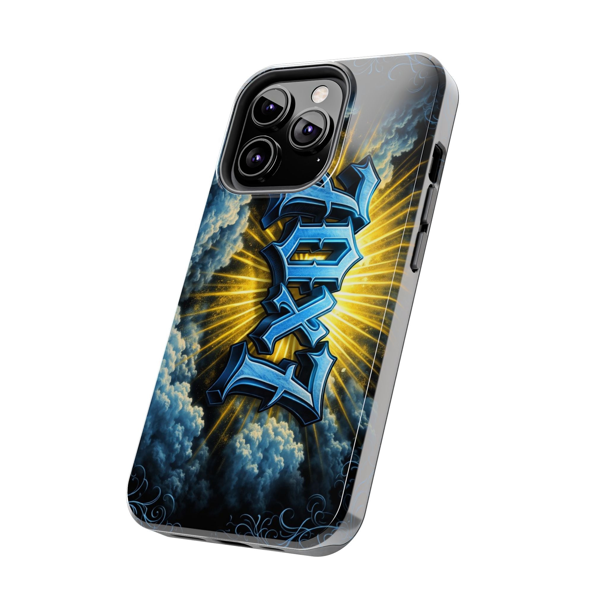 70x7 Streetwear - Tough Phone Case — Bold Blue Graffiti Name with Sunburst Clouds