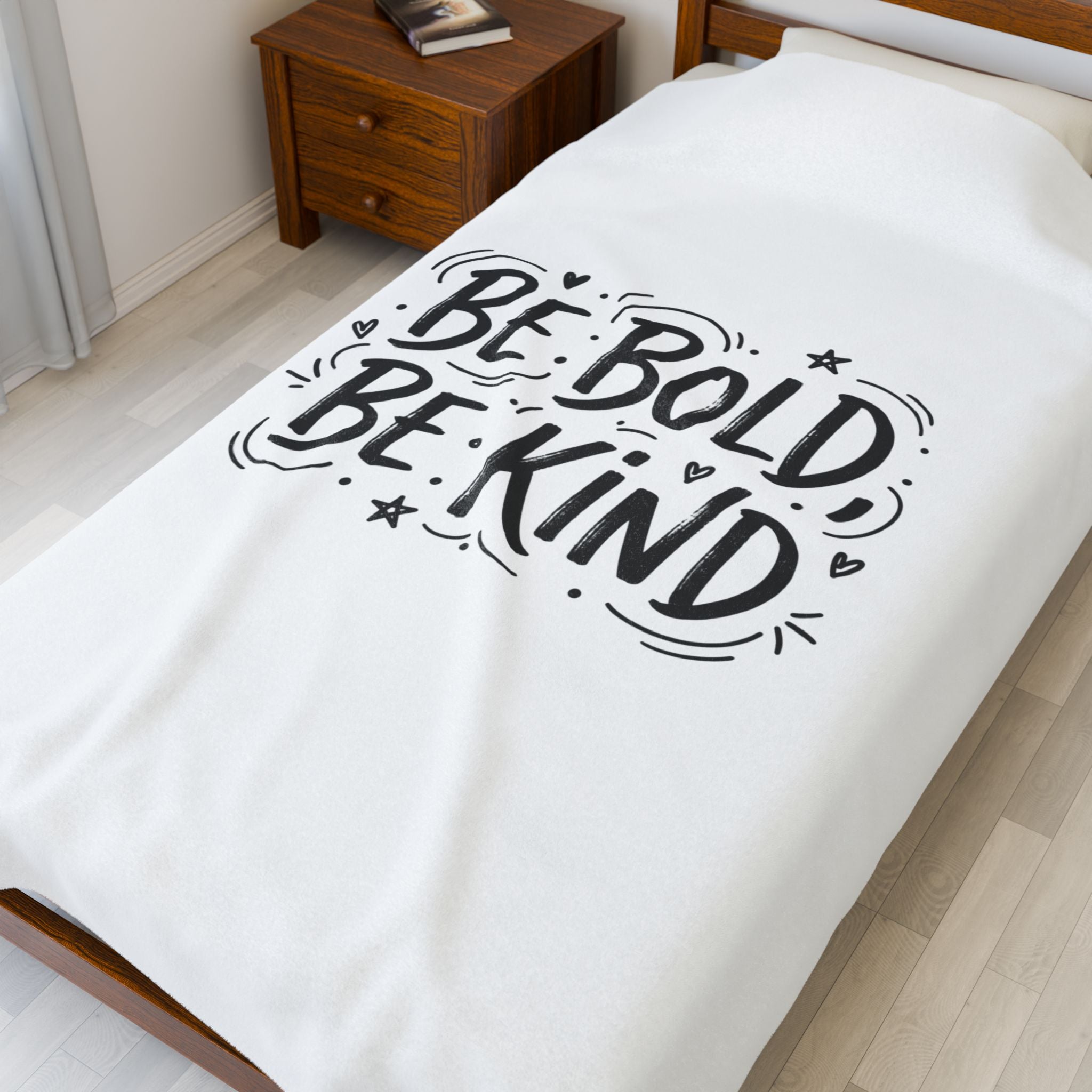 Be Bold Be Kind Velveteen Plush Blanket | Handwritten Marker Brush Script, Cozy Cream