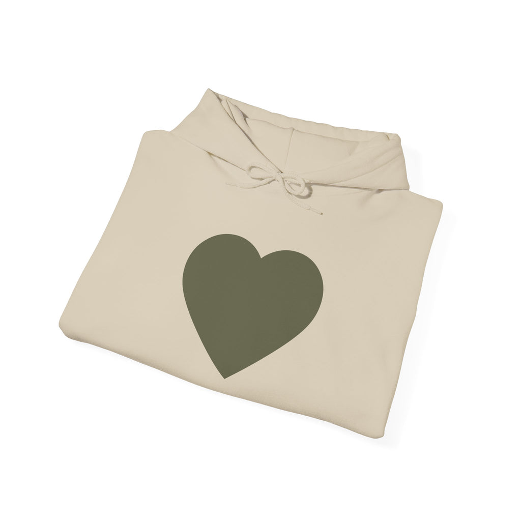 Heart Accent Hoodie — Minimal Olive Heart Sweatshirt for Everyday Wear