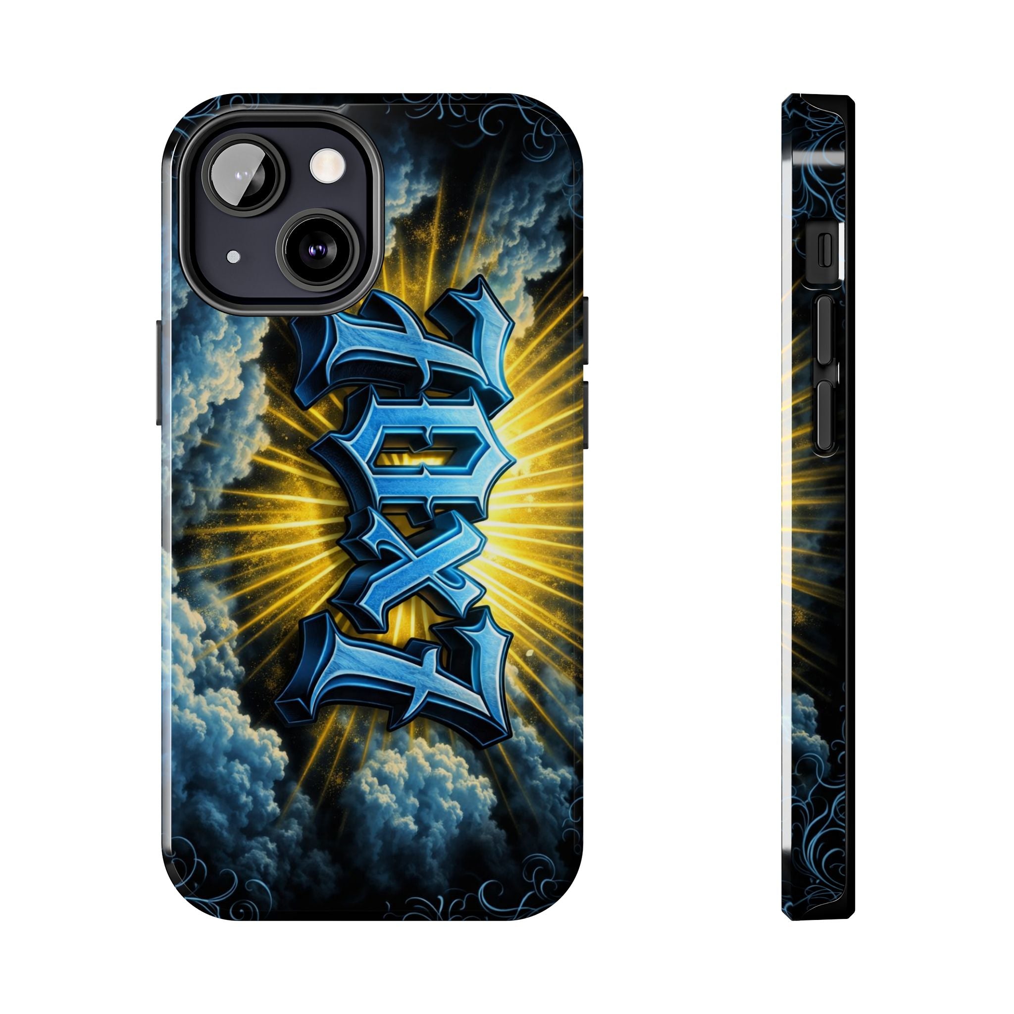 70x7 Streetwear - Tough Phone Case — Bold Blue Graffiti Name with Sunburst Clouds