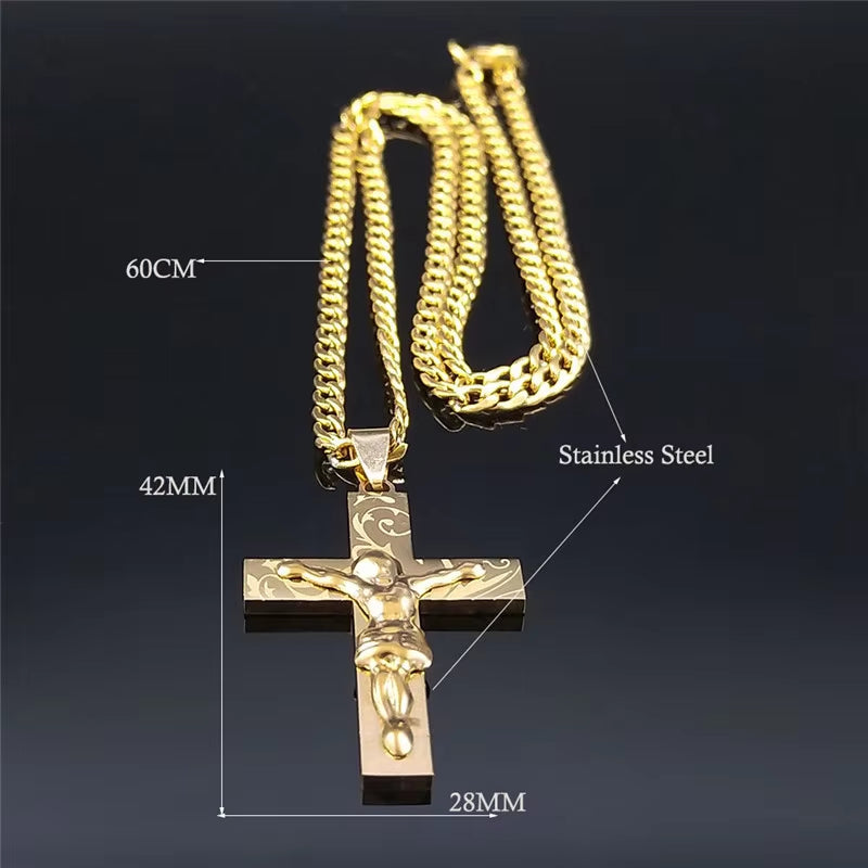 2024 Hip Hop Cross Jesus Stainless Steel Necklace Gold Color Long Crucifix Necklace Women/Men Jewelry Colar De Cruz N6030S05