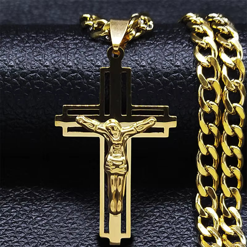 2024 Hip Hop Cross Jesus Stainless Steel Necklace Gold Color Long Crucifix Necklace Women/Men Jewelry Colar De Cruz N6030S05