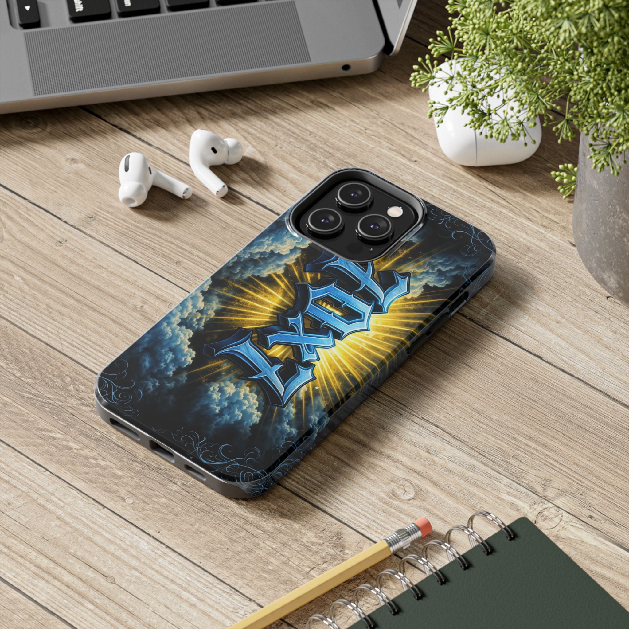 70x7 Streetwear - Tough Phone Case — Bold Blue Graffiti Name with Sunburst Clouds