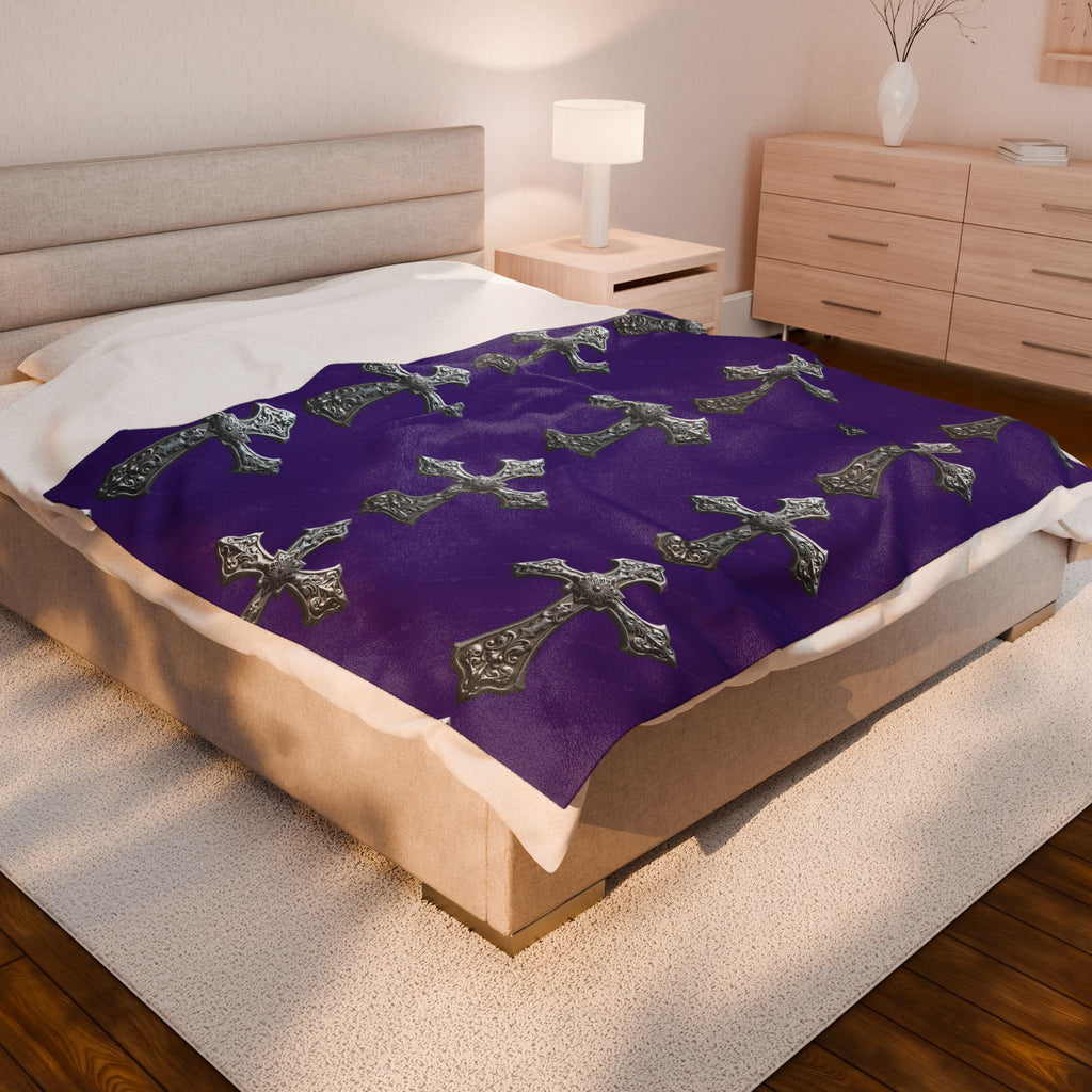 Velveteen Plush Blanket — Gothic Silver Cross Pattern on Purple