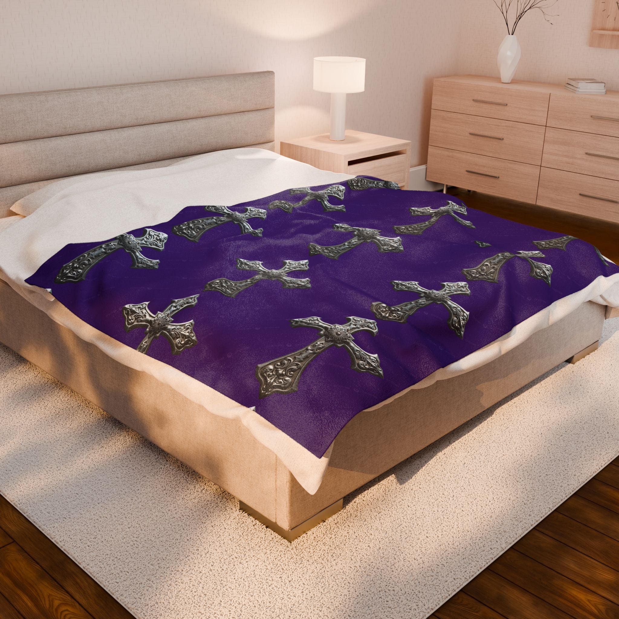 Velveteen Plush Blanket — Gothic Silver Cross Pattern on Purple